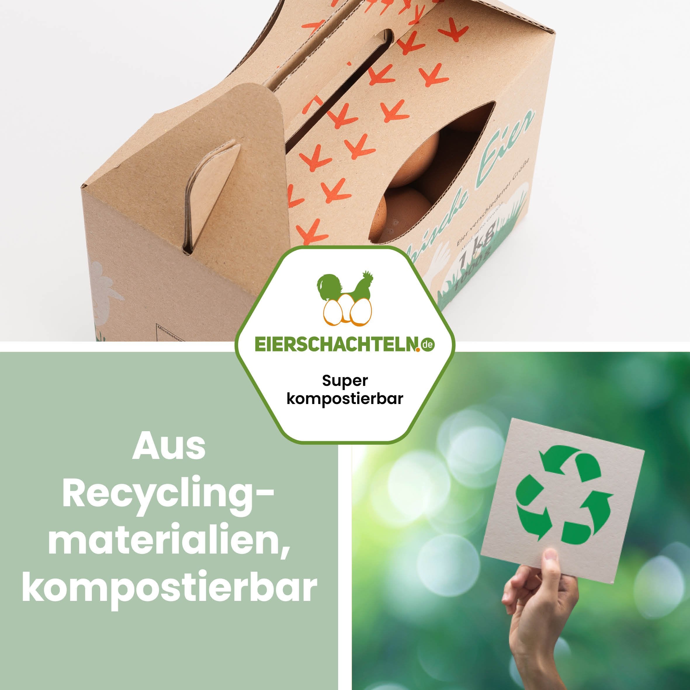 1 kg Eierbox mit Aufdruck "Aus Recyclingmaterialien, kompostierbar" 
