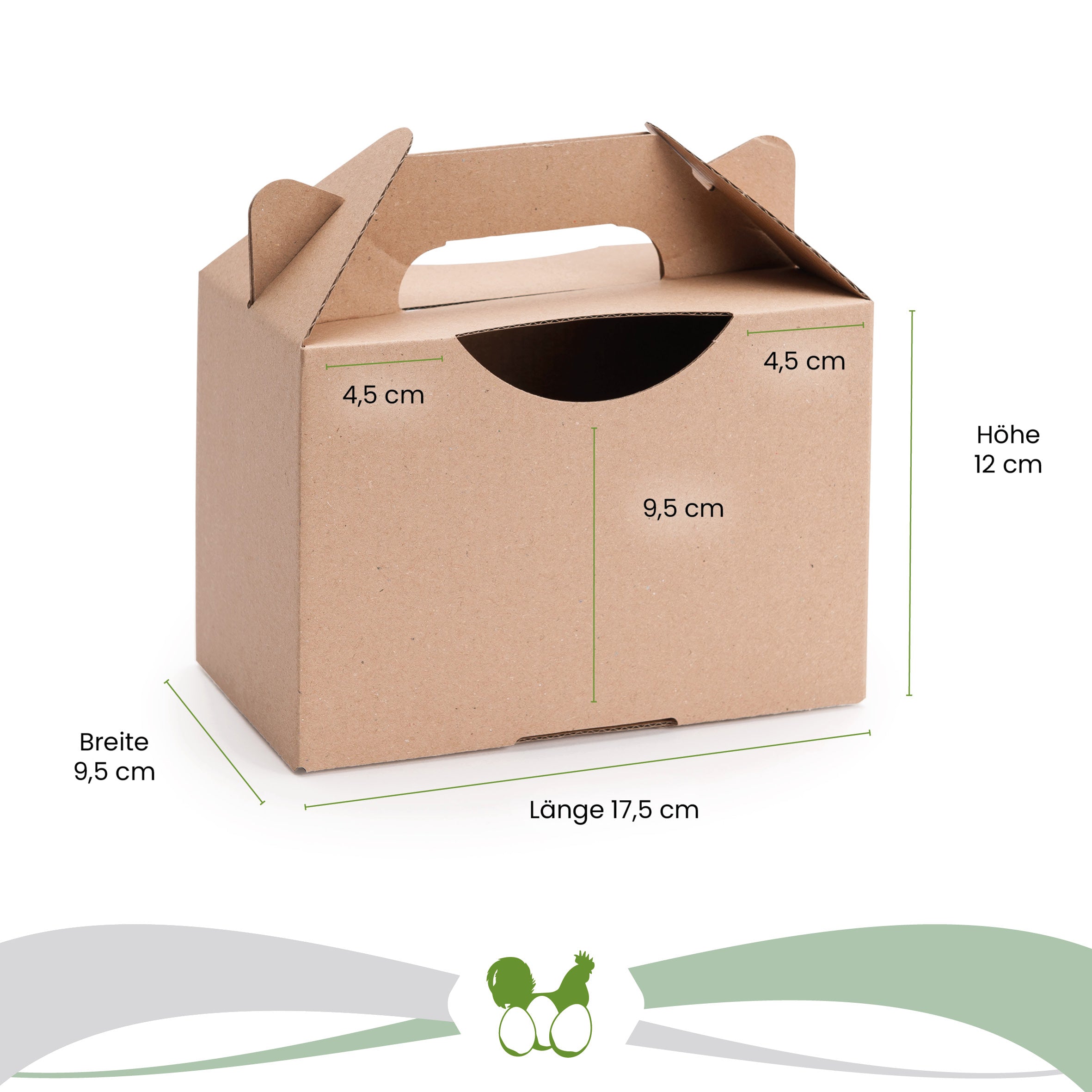 1 kg Eierbox neutral Maße: "Höhe 12cm x Länge 17,5 cm x Breite 9,5 cm" Front: Boden bis Lasche 9,5 cm, Lasche zur Außenseite 4,5 cm 