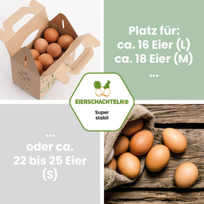 1 kg Box mit Aufdruck Freilandeier "Platz für: ca. 16 Eier (L) ca. 18 Eier (M) oder ca. 22 bis 25 Eier (S)"