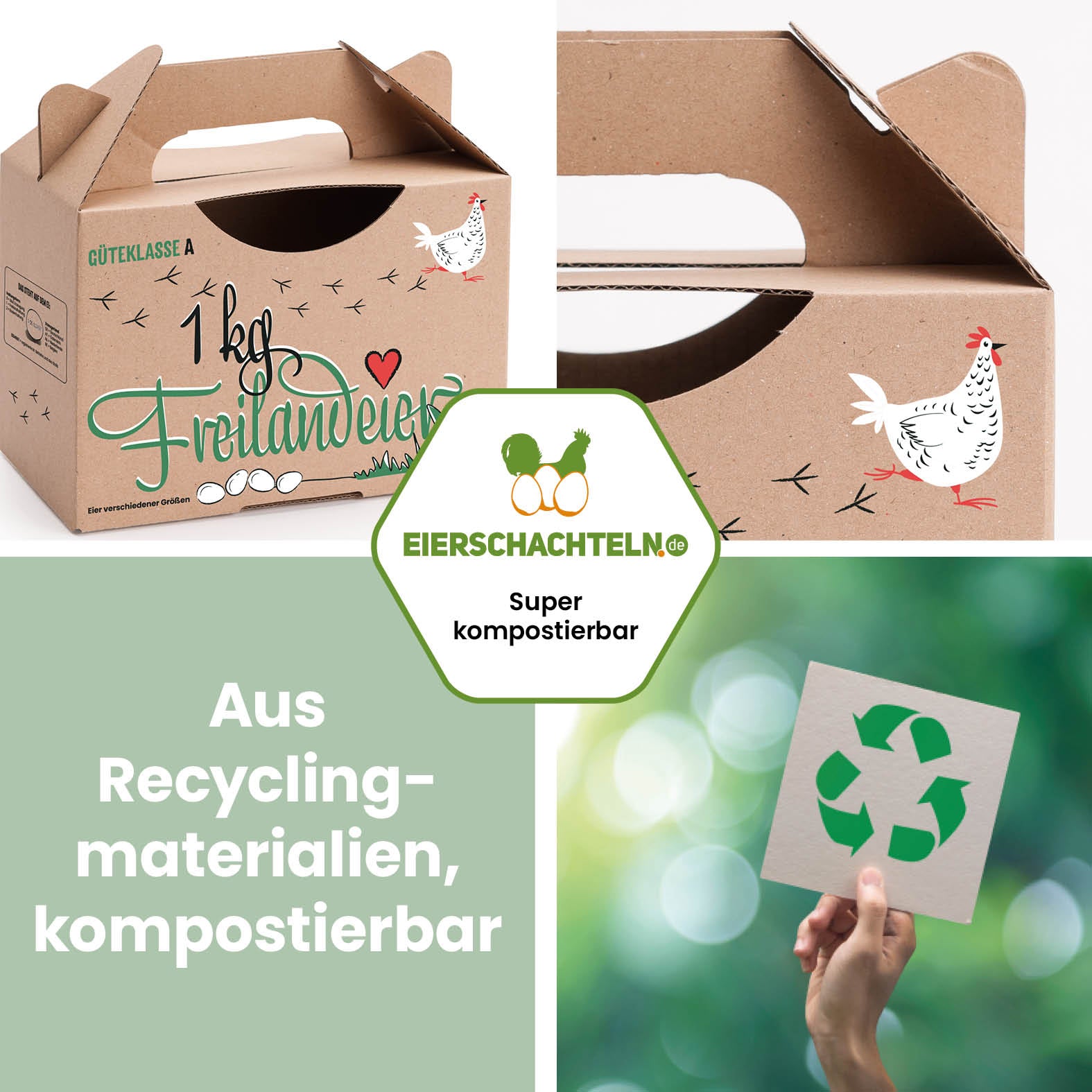 1 kg Box mit Aufdruck Freilandeier "Aus Recyclingmaterialien, kompostierbar"