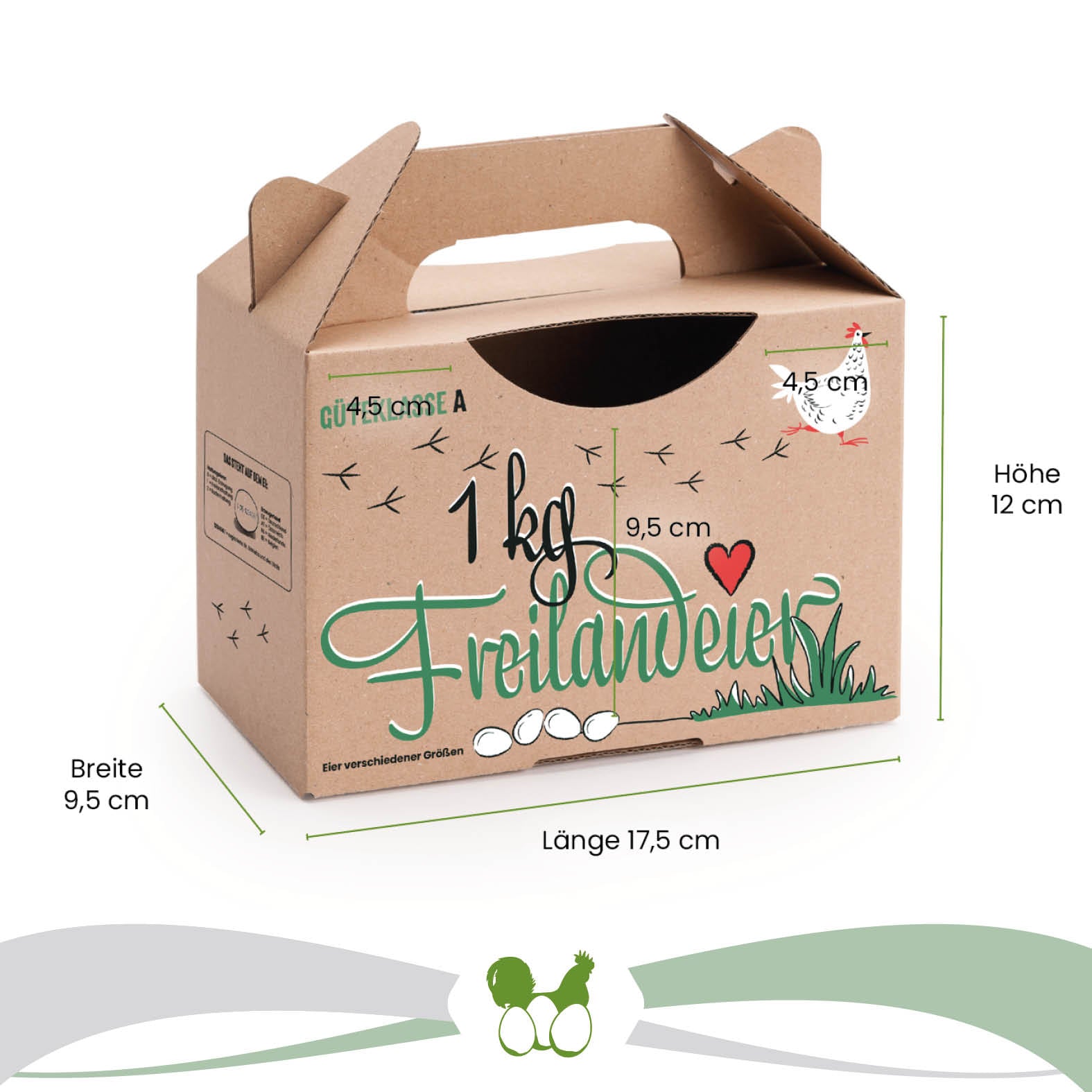 1 kg Box mit Aufdruck Freilandeier, Maße: "Breite 9,5 cm x Länge 17,5 cm x Höhe 12 cm" 