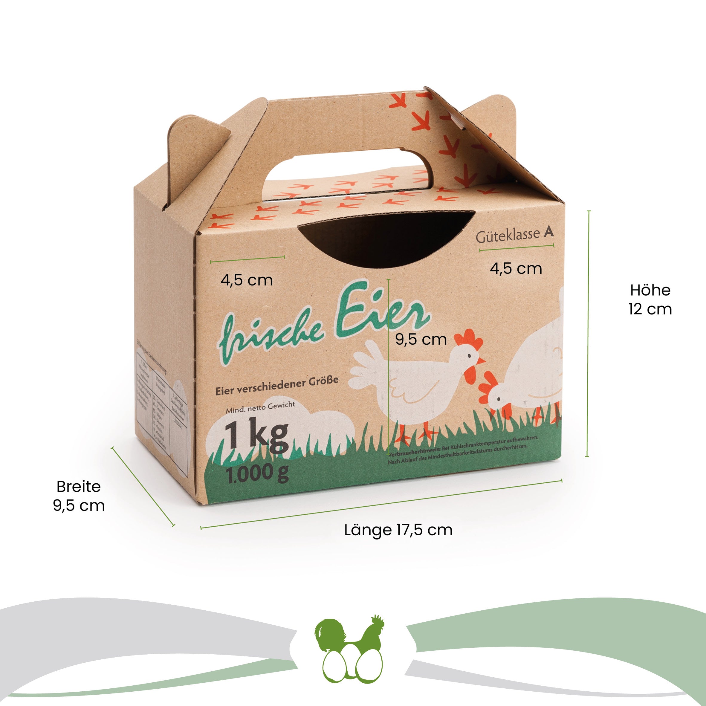 1 kg Eierbox mit Aufdruck Maße: "Breite 9,5 cm x Länge 17,5 cm x Höhe 12 cm" Boden bis zum Sichtfenster 9,5 cm, bis zum Außenrand 4,5 cm" 