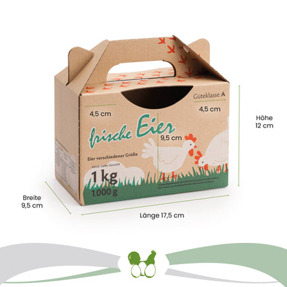 1 kg Eierbox mit Aufdruck, Maße: "Breite 9,5 cm x Länge 17,5 cm x Höhe 12 cm" Boden bis Sichtfenster 9,5 cm, bis zum Außenrand 4,5 cm. 