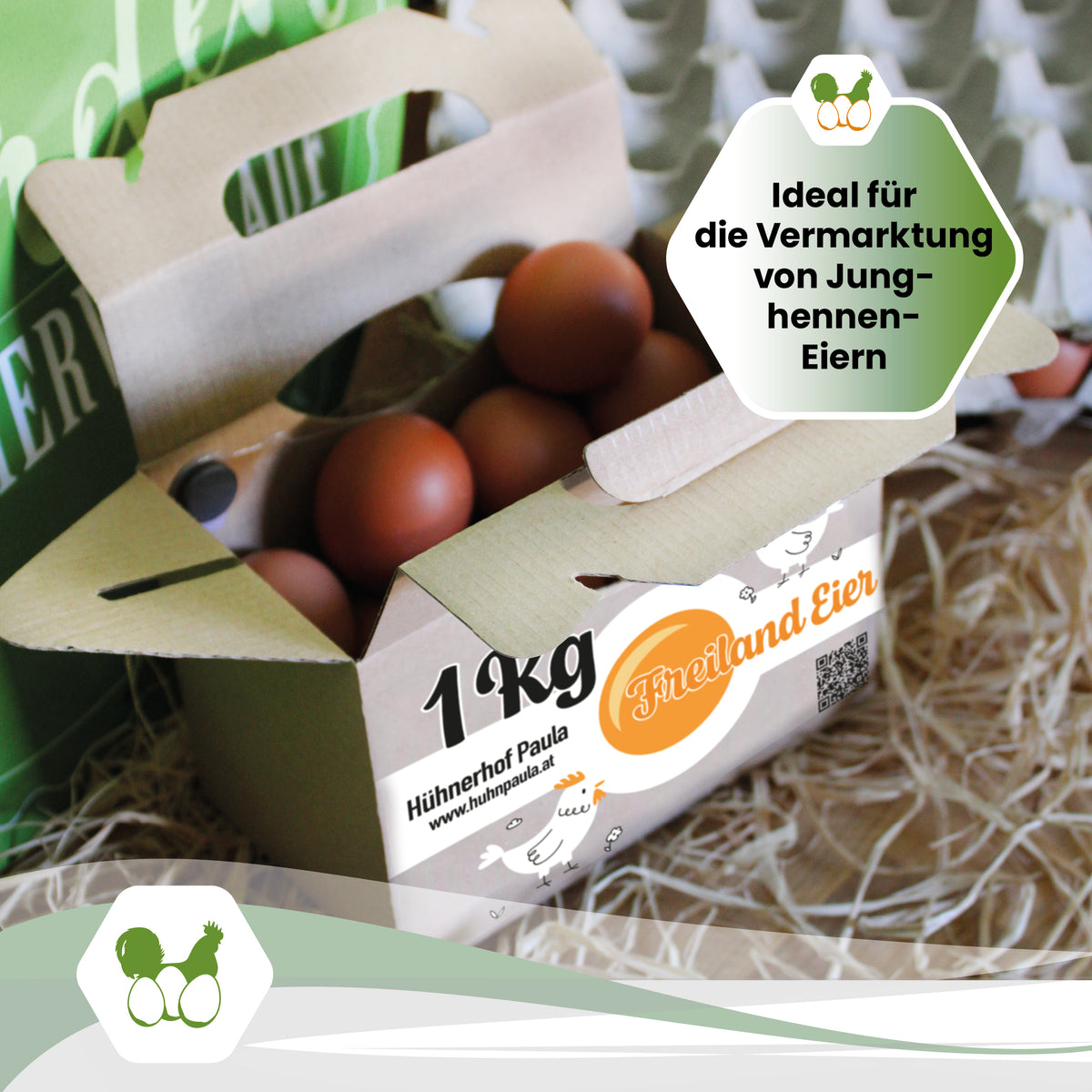 Individuell bedruckte 1-kg-Boxen – ca. 9520 Stück für Junghenneneier &amp; mehr
