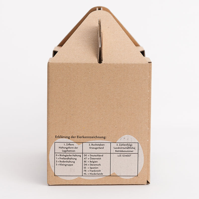 1 kg Eierbox mit Aufdruck, Seitenansicht mit Aufdruck "Erklärung der Eierkennzeichnung"