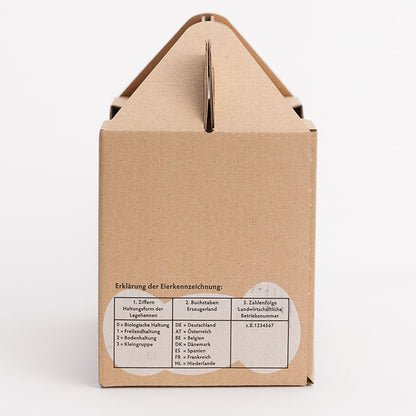 1 kg Eierbox mit Aufdruck, Seitenansicht mit Aufdruck "Erklärung der Eierkennzeichnung"