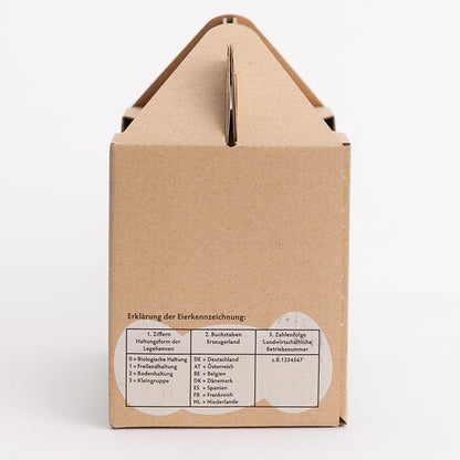 1 kg Eierbox mit Aufdruck, Seitenansicht mit dem Aufdruck "Erklärung der Eierkennzeichung" 
