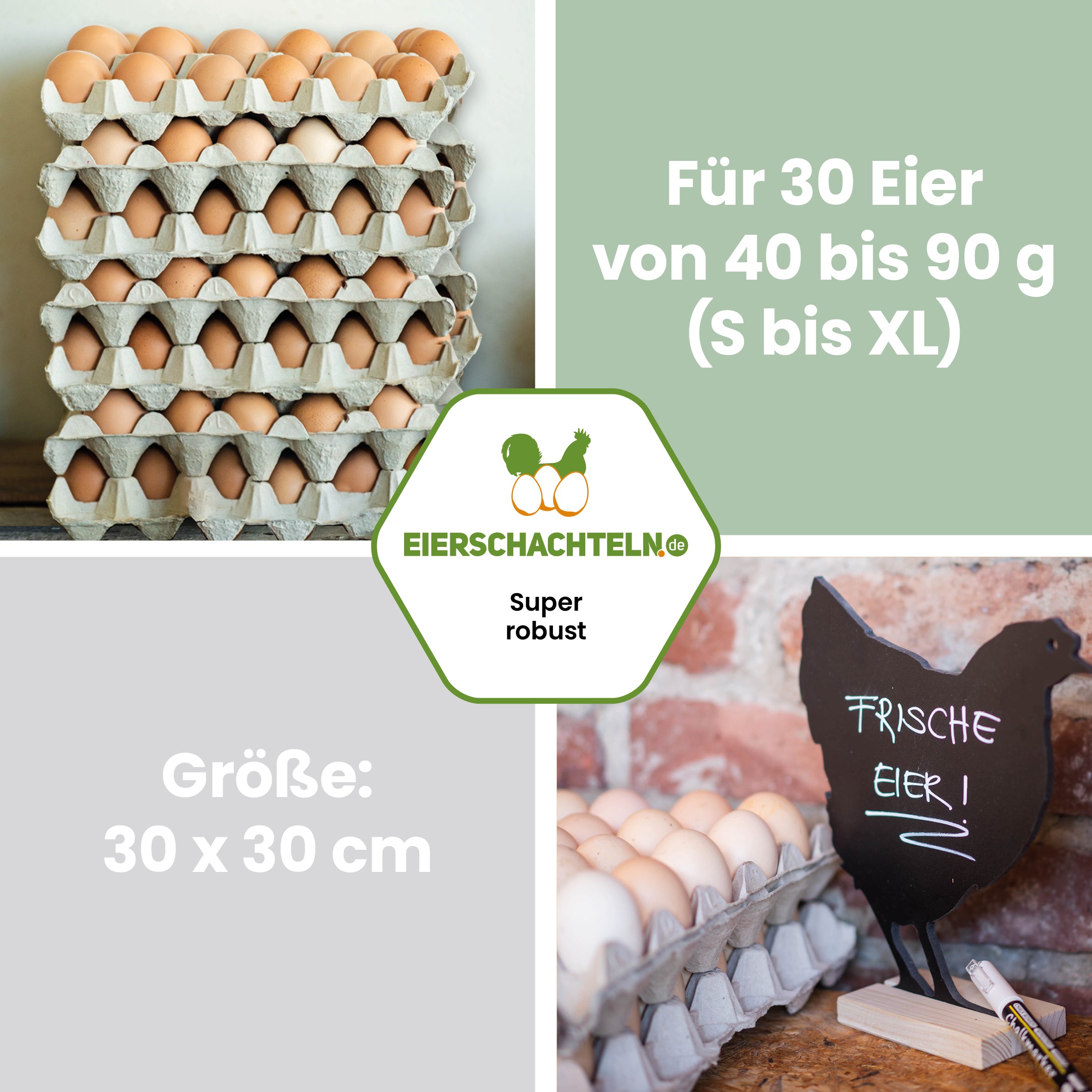 30er Eierpappen "Für 30 Eier von 40 bis 90 g (S bis XL), Größe: 30 x 3 cm"