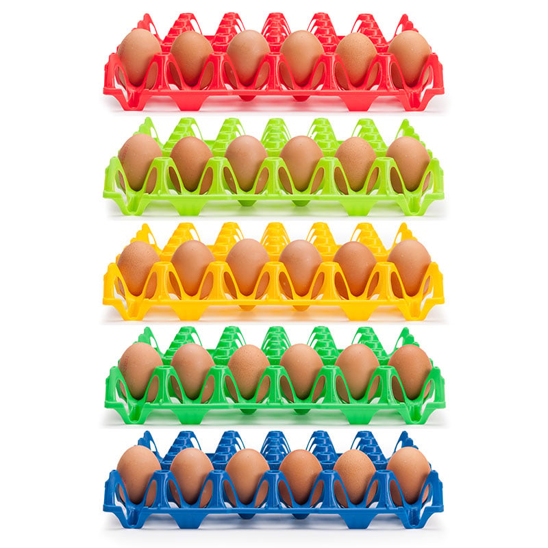 Wiederverwendbare Kunststoff Eierhorden / Höckerlagen für 30 Eier in 5 Farben mit Eiern