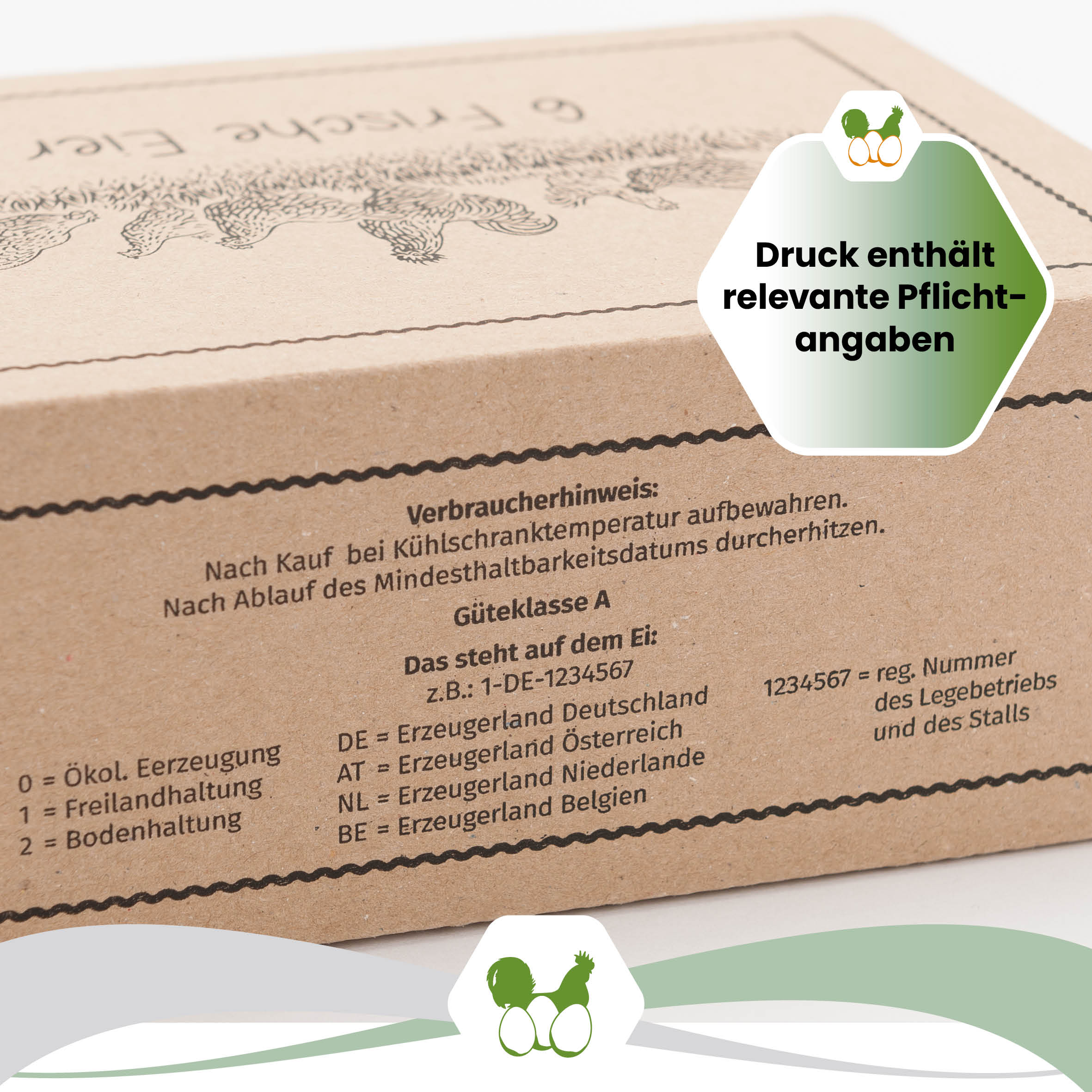 EckPack 6er Eierschachtel, mit Direktdruck "Druck enthält alle relevanten Pflichtangaben"