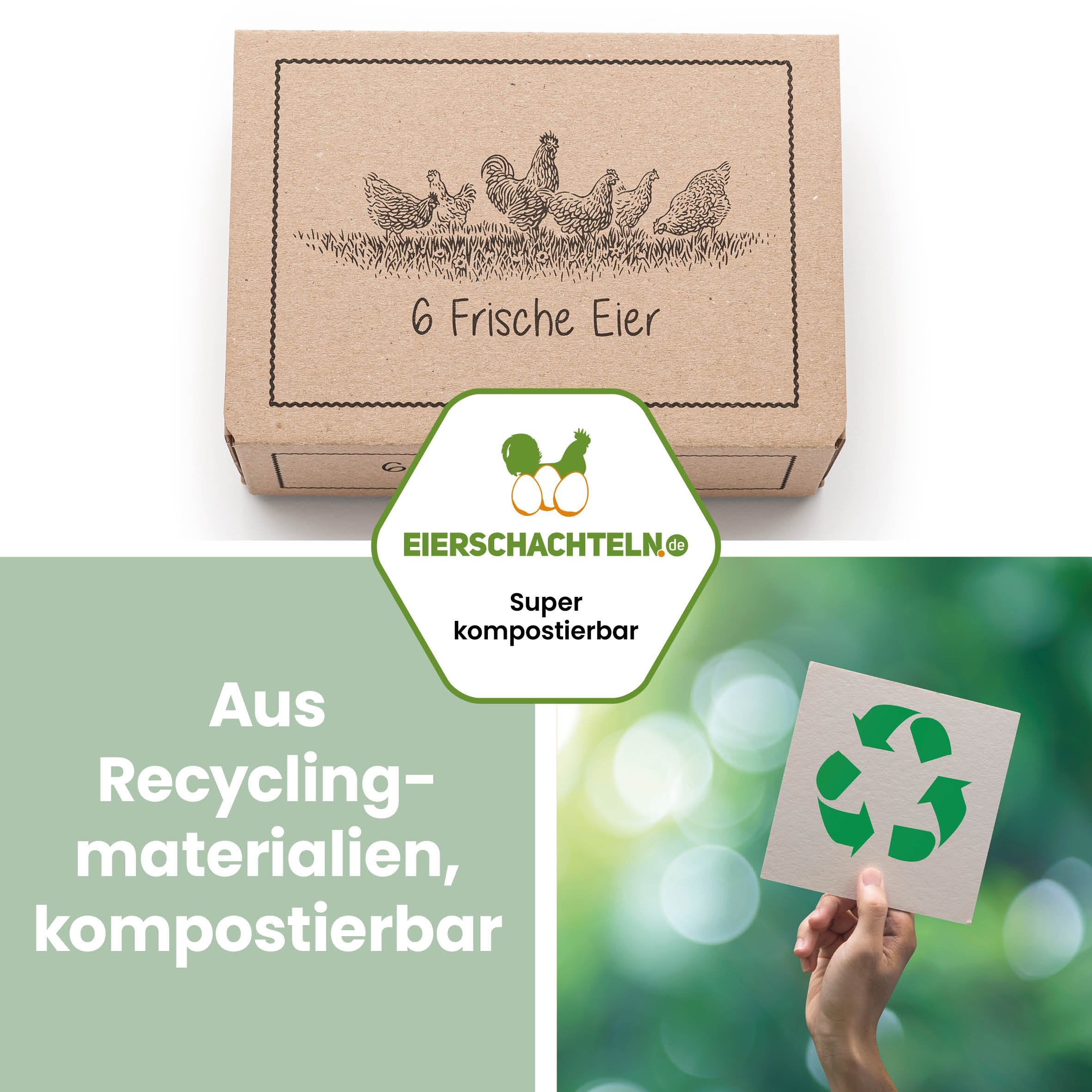 EckPack 6er Eierschachtel mit Direktdruck „Frische Eier“, "Aus Recyclingmaterialien, kompostierbar" 