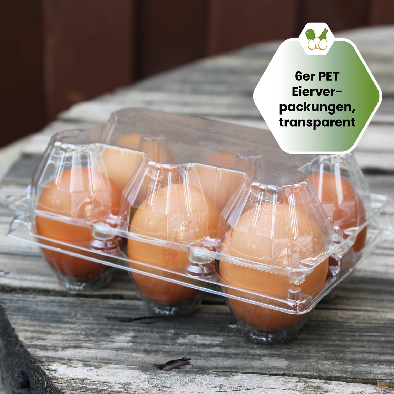 Eierschachtel mit Eiern auf einem Holztisch "6er PET Eierverpackungen, transparent"