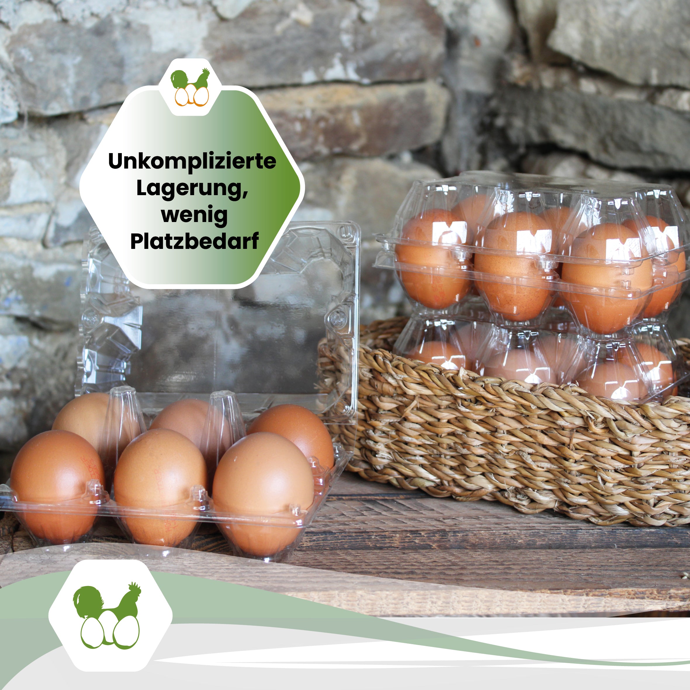 6er PET Eierverpackung "Unkomplizierte Lagerung, wenig Platzbedarf" 