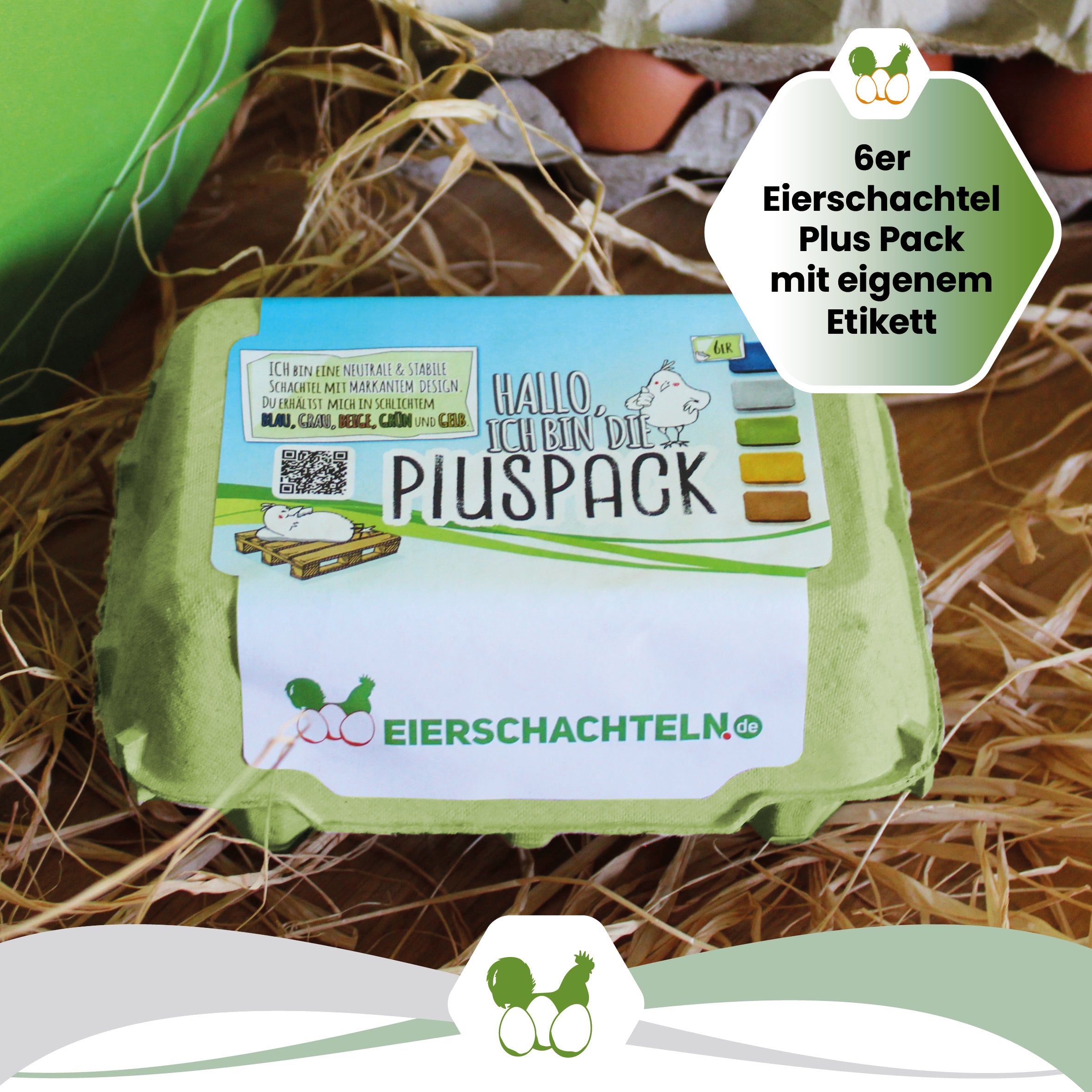 6er PlusPack mit eigenem Etikett, grün "6er Eierschachtel Plus Pack mit eigenem Etikett" 