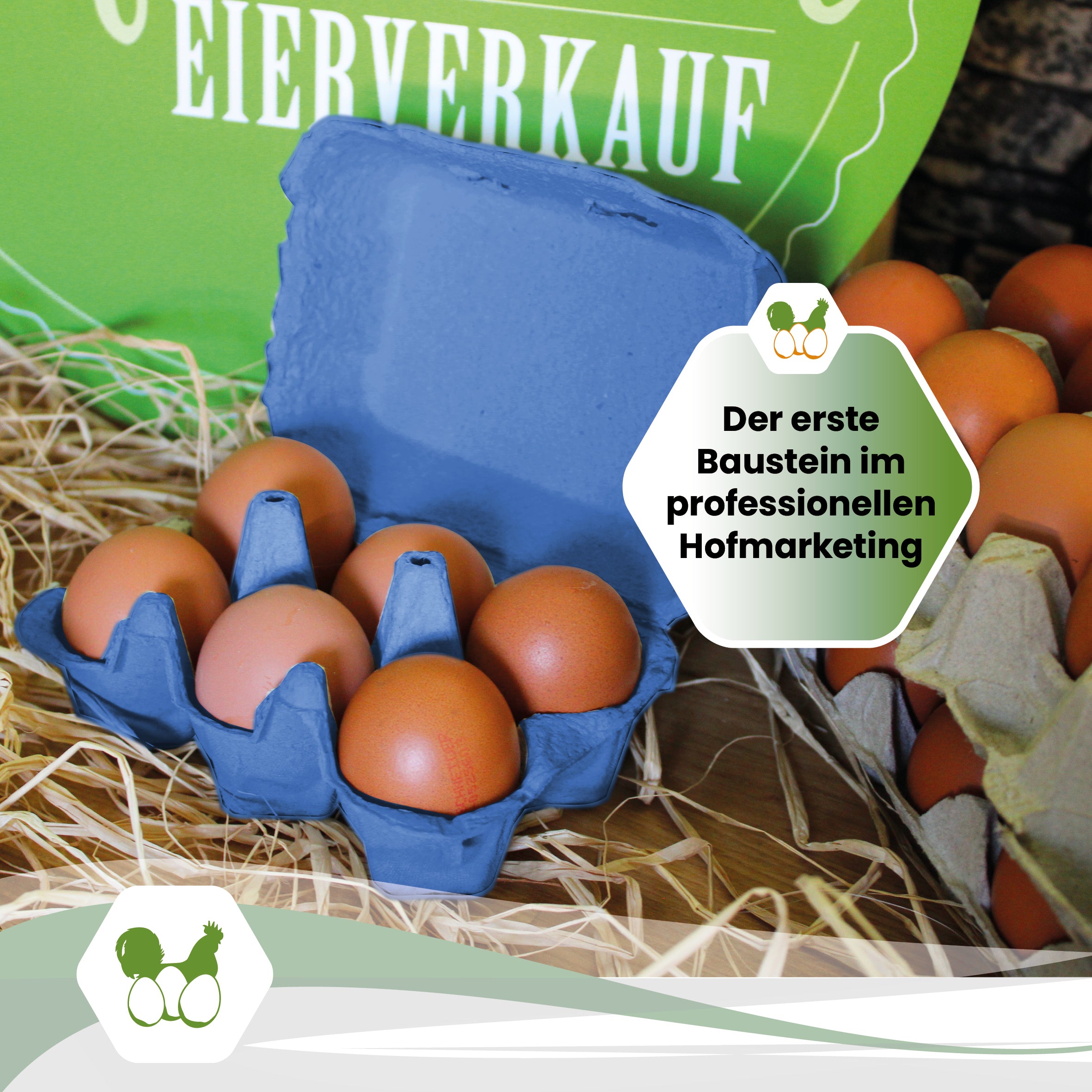 6er PlusPack mit eigenem Etikett, blau "Der erste Baustein im professionellen Hofmarketing"