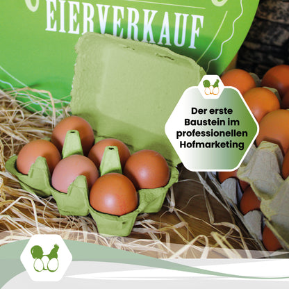 6er PlusPack mit eigenem Etikett, grün "Der erste Baustein im professionellen Hofmarketing"