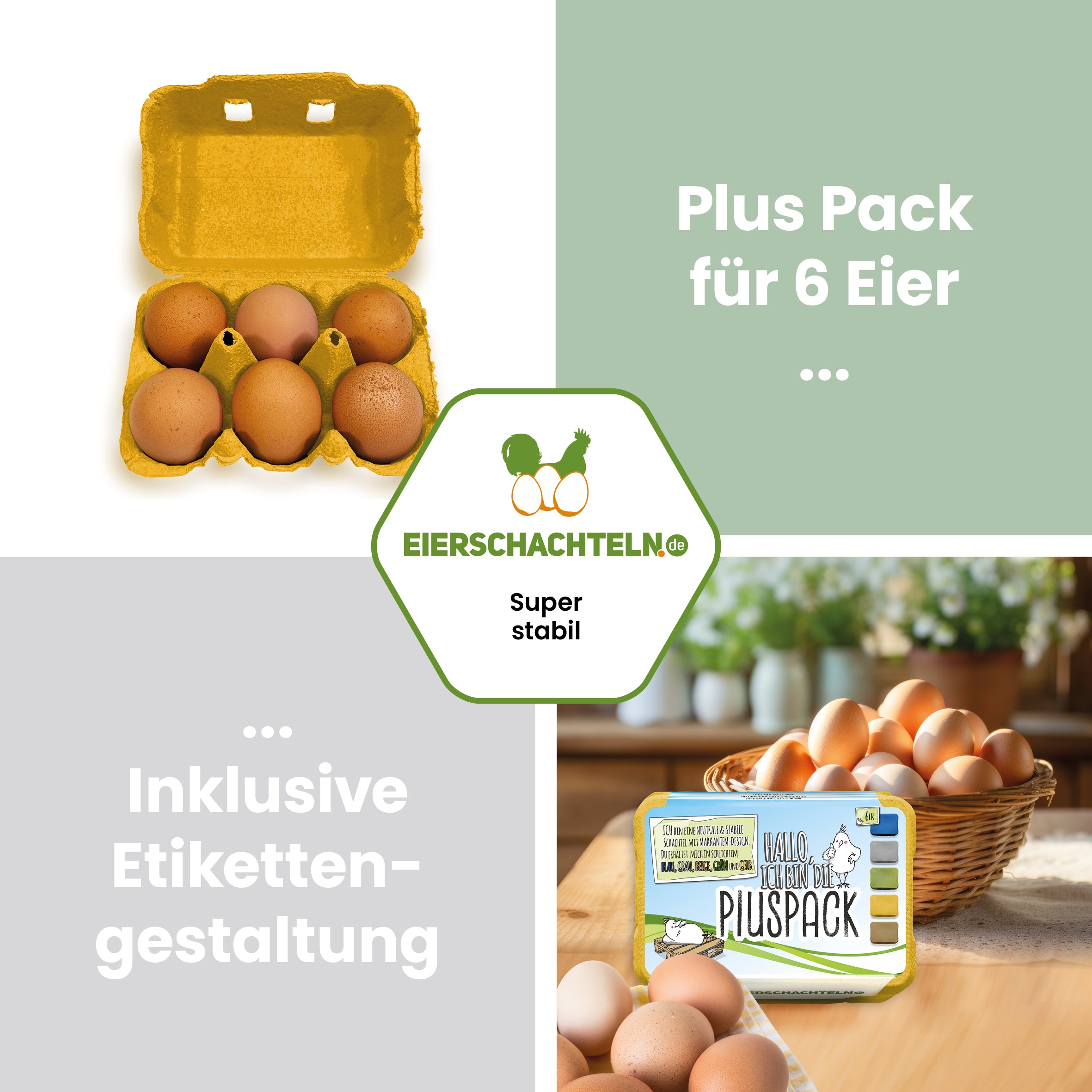 6er PlusPack mit eigenem Etikett, gelb "Plus Pack für 6 Eier inklusive Etikettengestaltung" 
