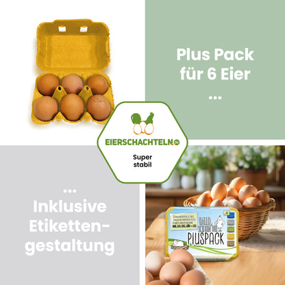 6er PlusPack mit eigenem Etikett, gelb "Plus Pack für 6 Eier inklusive Etikettengestaltung" 