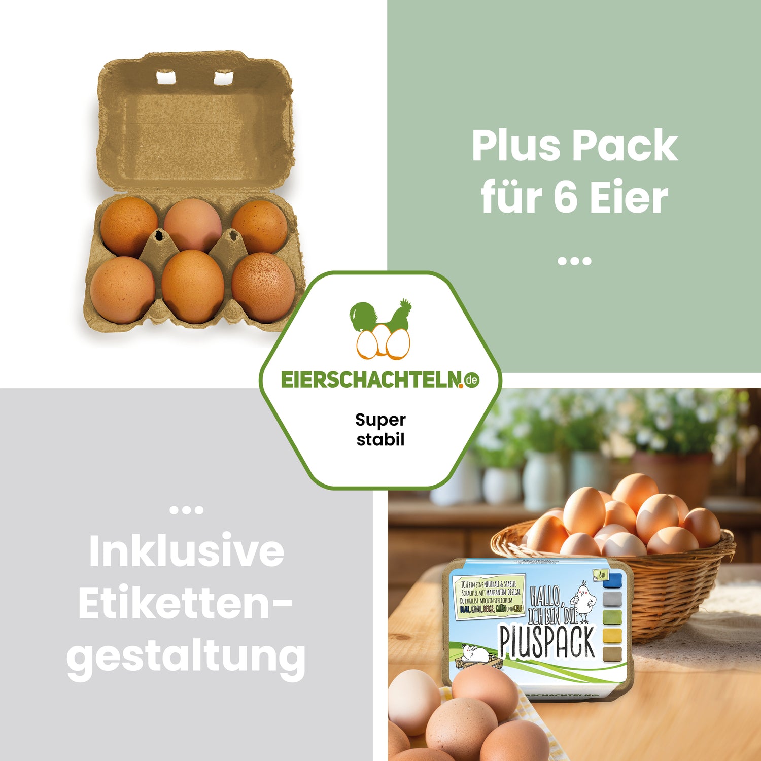 6er PlusPack mit eigenem Etikett, beige "Plus Pack für 6 Eier inklusive Etikettengestaltung" 