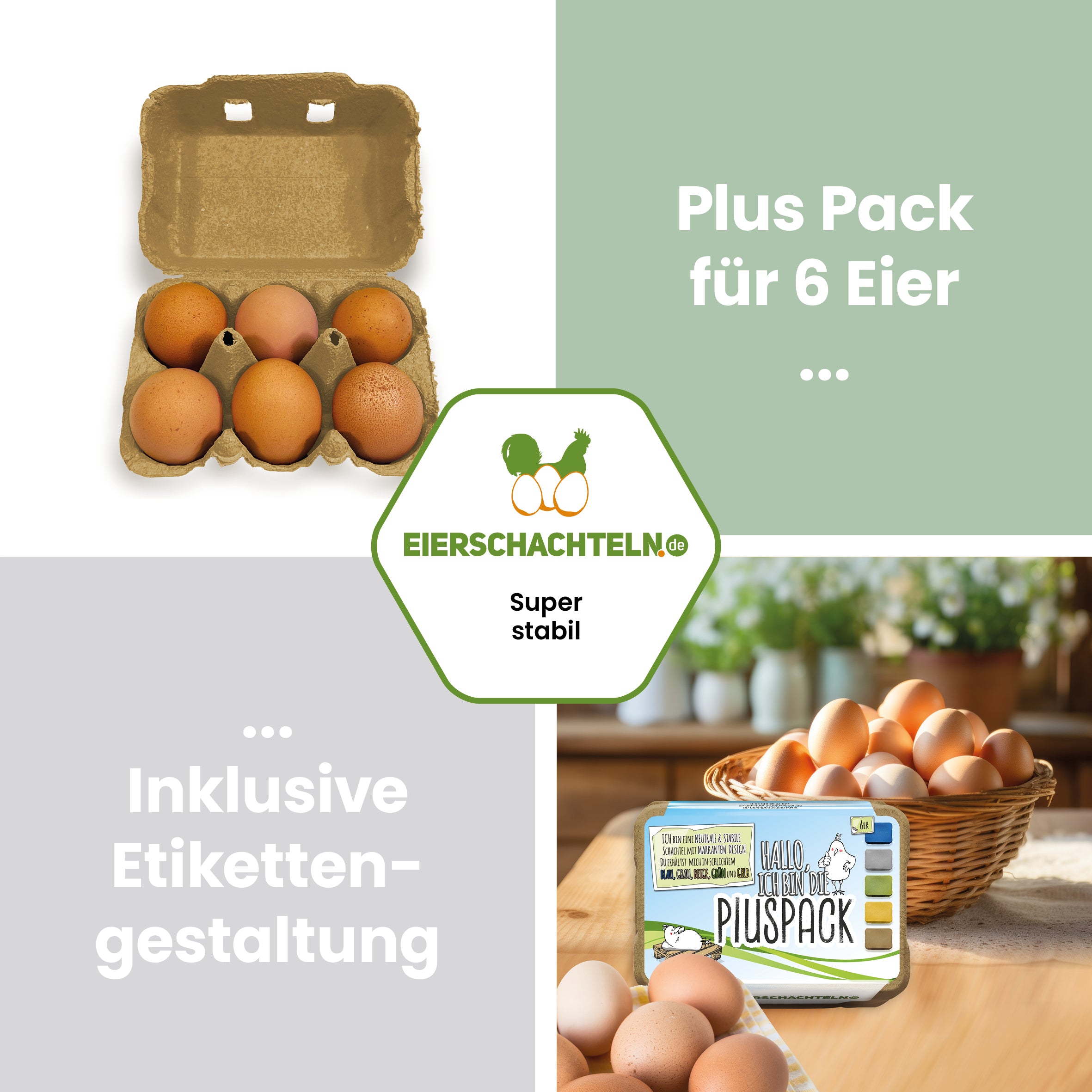 6er PlusPack mit eigenem Etikett, beige "Plus Pack für 6 Eier inklusive Etikettengestaltung" 