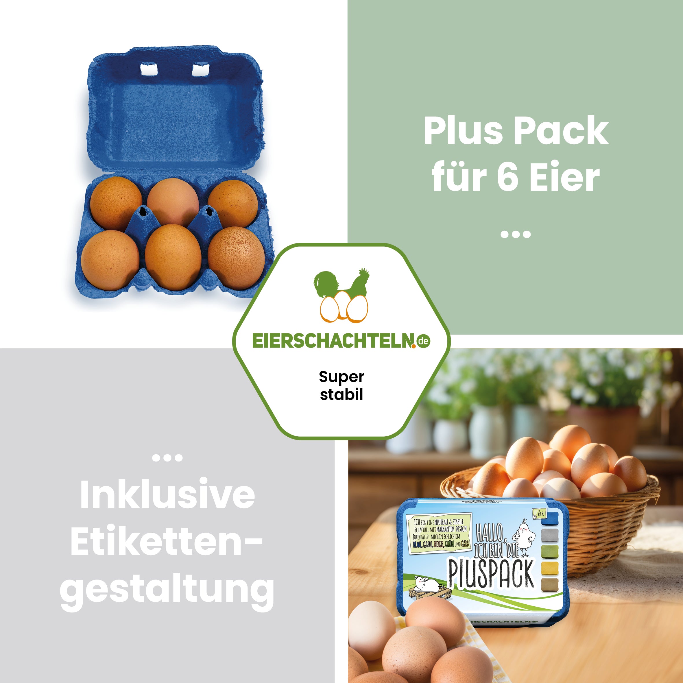 6er PlusPack mit eigenem Etikett, blau "Plus Pack für 6 Eier inklusive Etikettengestaltung" 