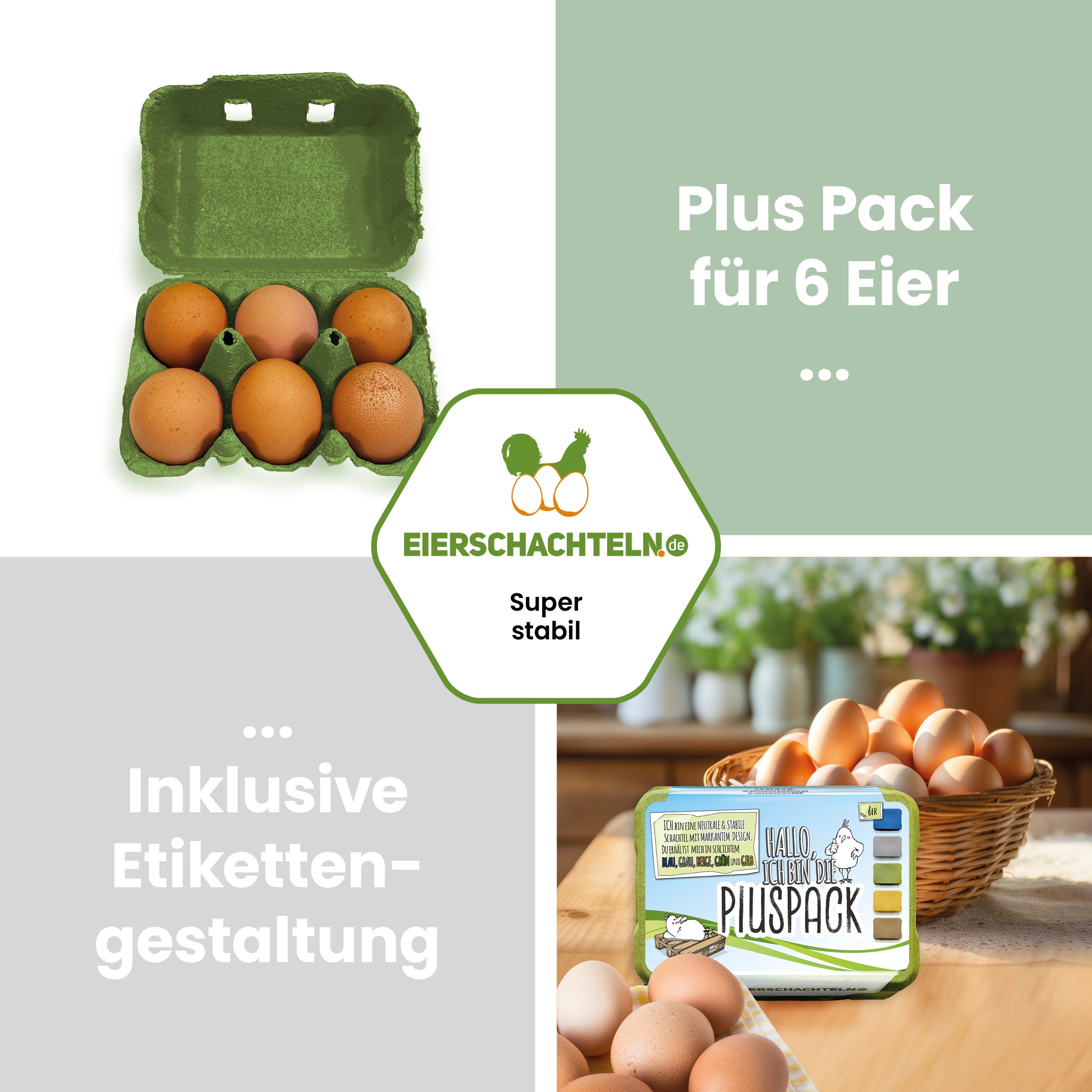 6er PlusPack mit eigenem Etikett, grün "Plus Pack für 6 Eier inklusive Etikettengestaltung" 