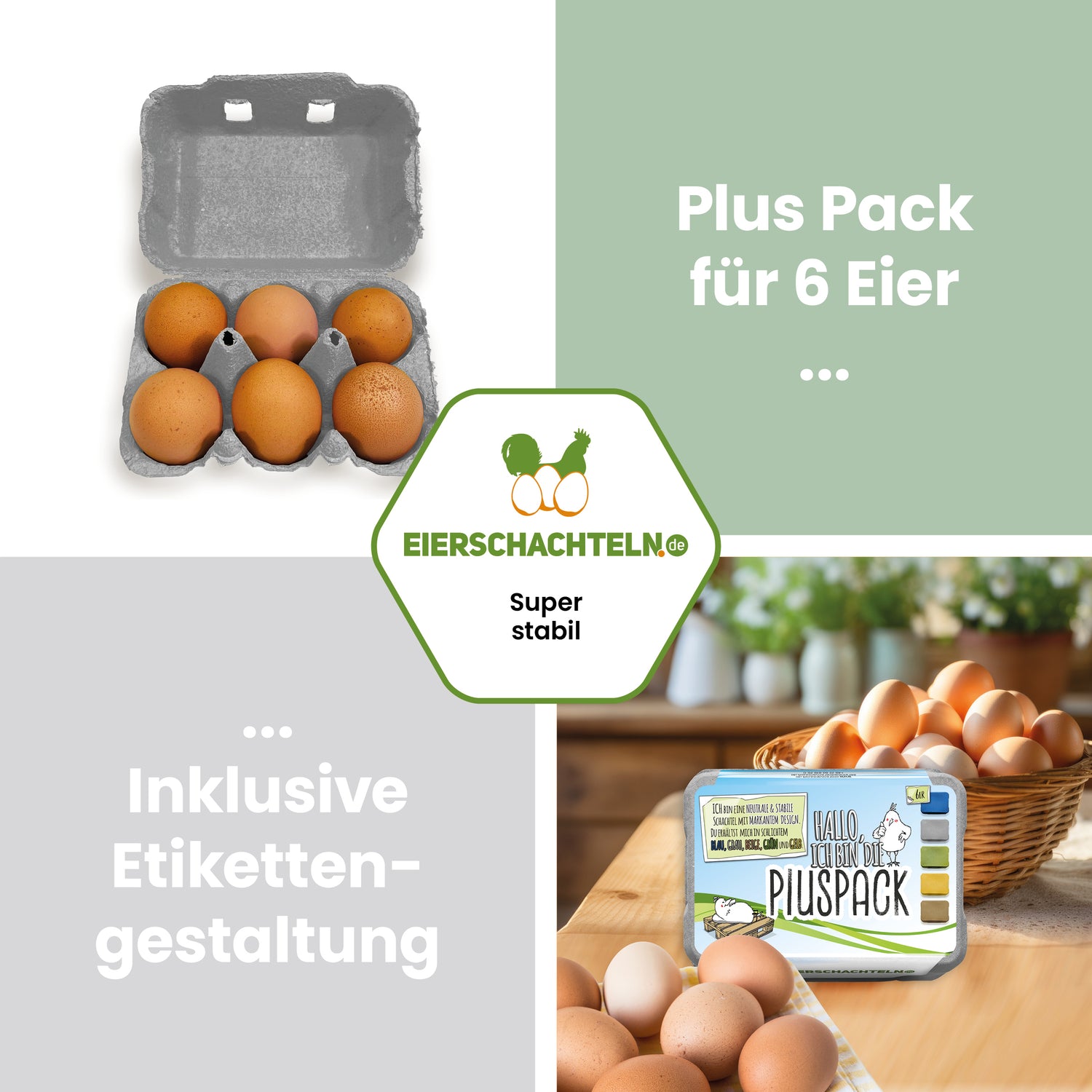 6er PlusPack mit eigenem Etikett, grau "Plus Pack für 6 Eier inklusive Etikettengestaltung" 