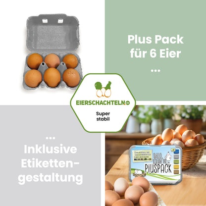 6er PlusPack mit eigenem Etikett, grau "Plus Pack für 6 Eier inklusive Etikettengestaltung" 