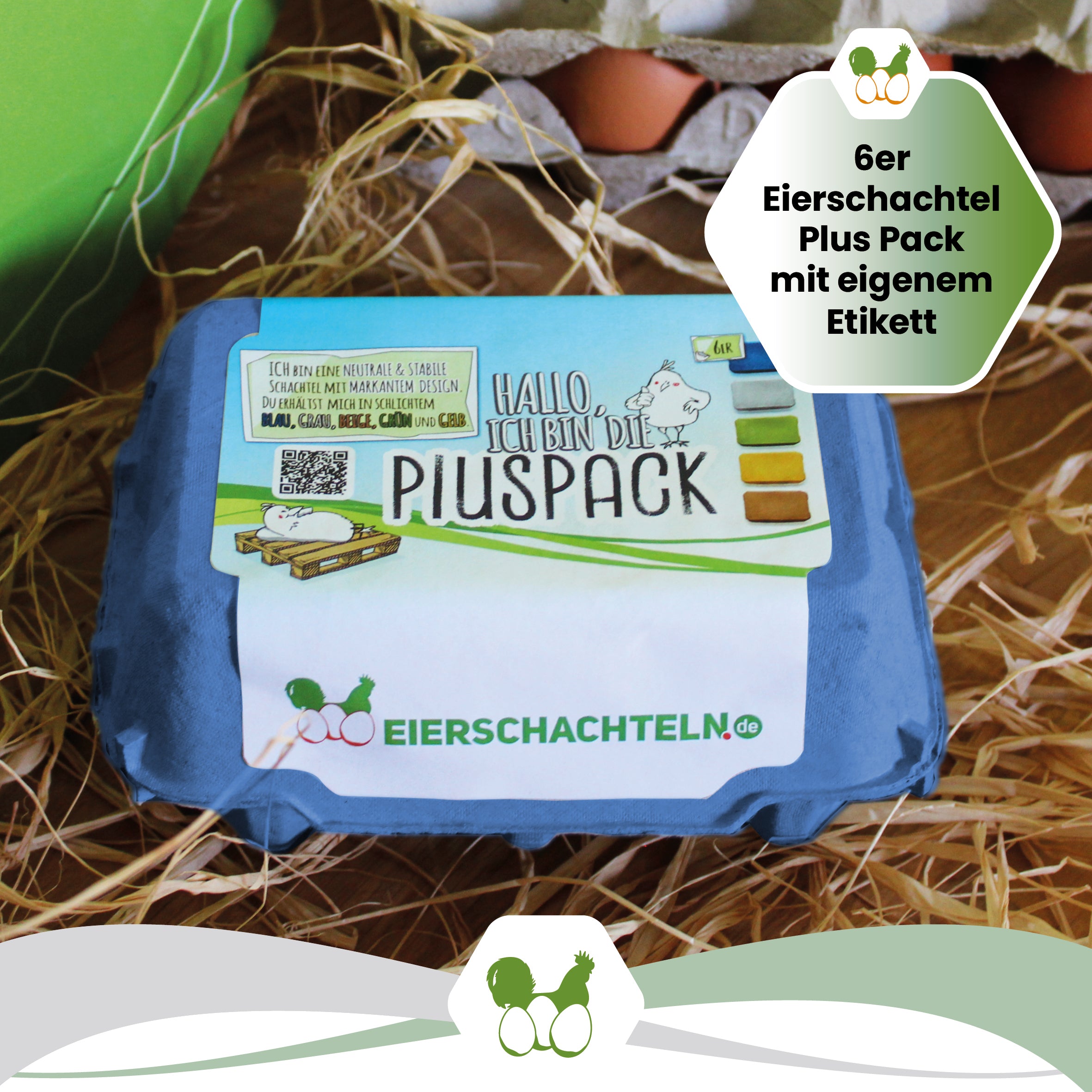 6er PlusPack mit eigenem Etikett, blau "6er Eierschachtel Plus Pack mit eigenem Etikett" 