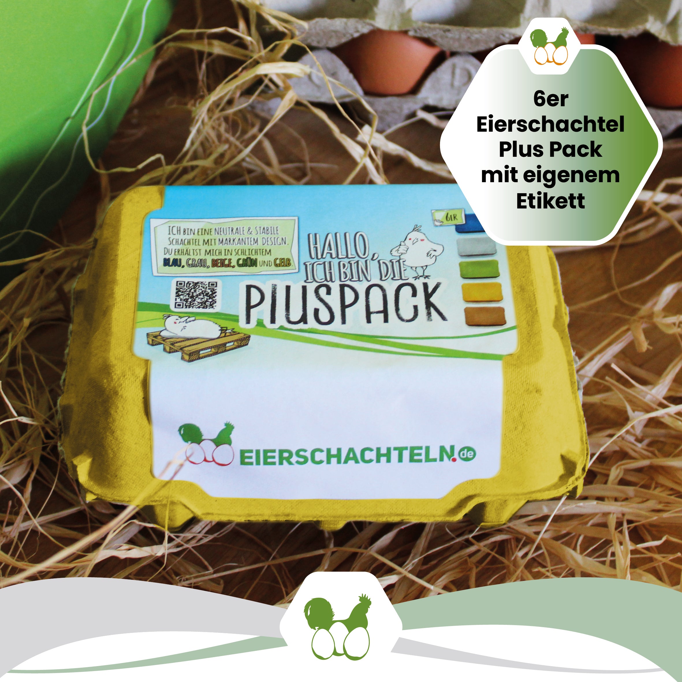 6er PlusPack mit eigenem Etikett, gelb "6er Eierschachtel Plus Pack mit eigenem Etikett" 
