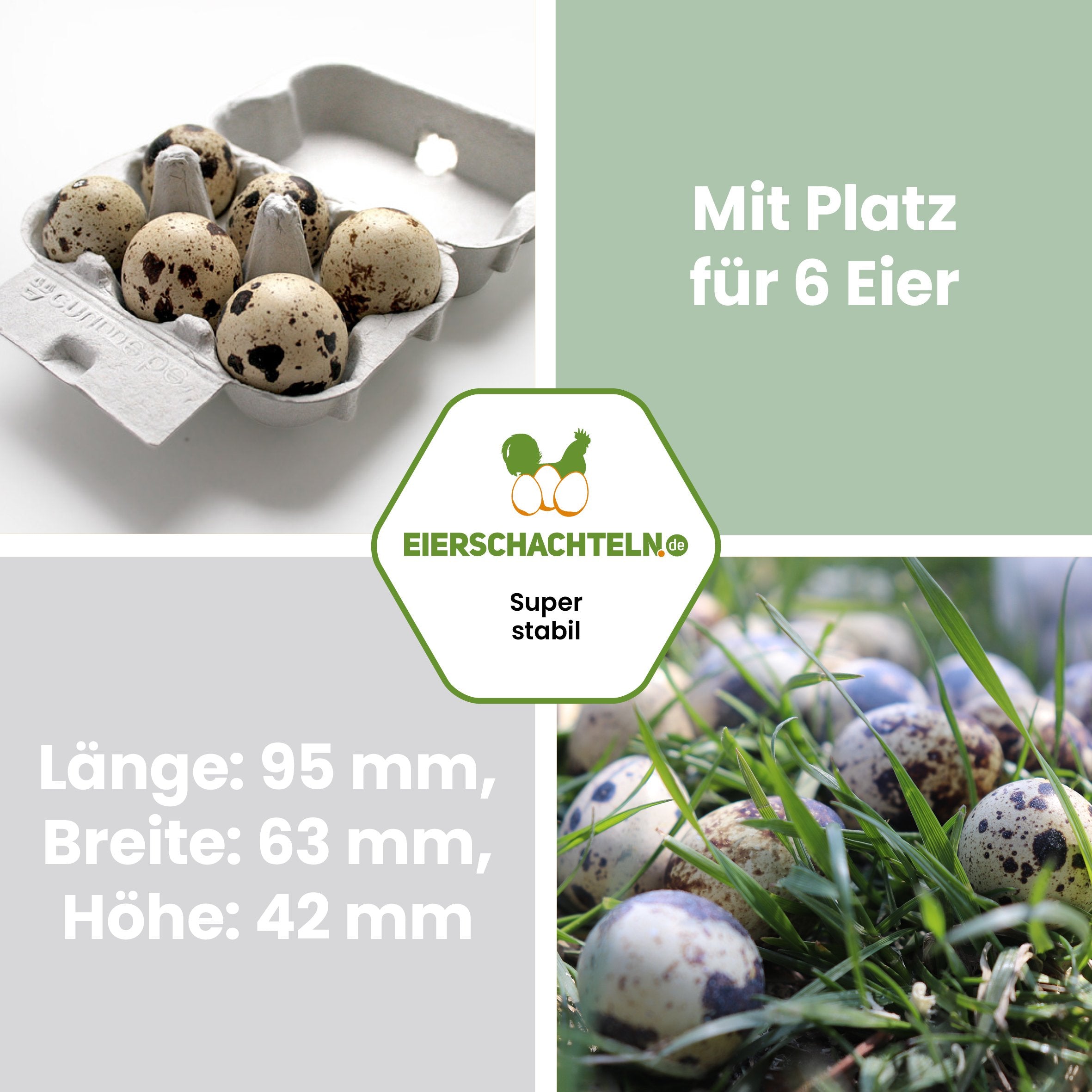 6er Wachteleierschachteln aus Pappe "Mit Platz für 6 Eier Länge: 95 mm, Breite: 63 mm, Höhe: 42 mm"