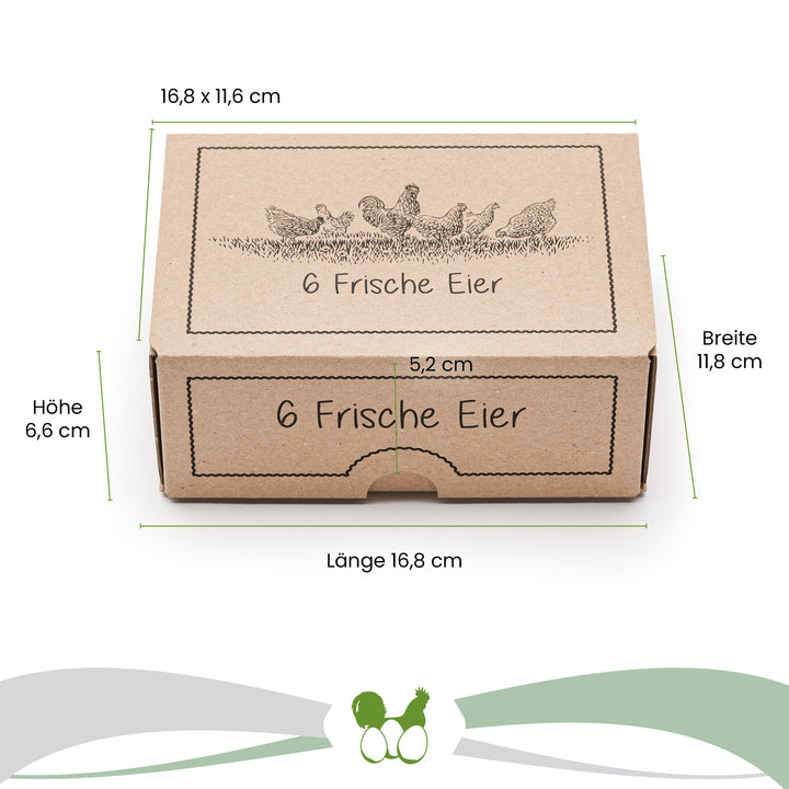 EckPack 6er Eierschachtel mit Direktdruck Maße: "Breite 11,8 cm x Länge 16,8 cm x Höhe 6,6 cm" Deckel: "16,8 x 11,6 cm" Laschen höhe: "5,2 cm" 