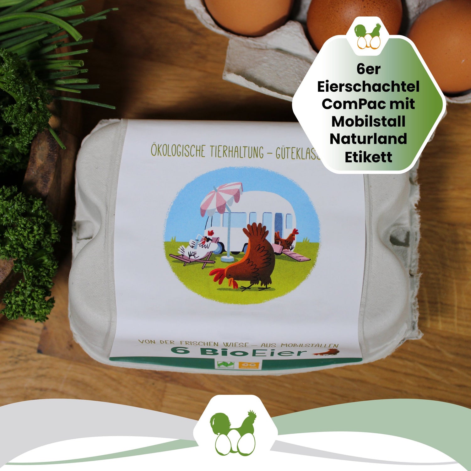 6er ComPac Mobilstalletikett Naturland "6er ComPac Eierschachtel Mobilstall Naturland Etikett"