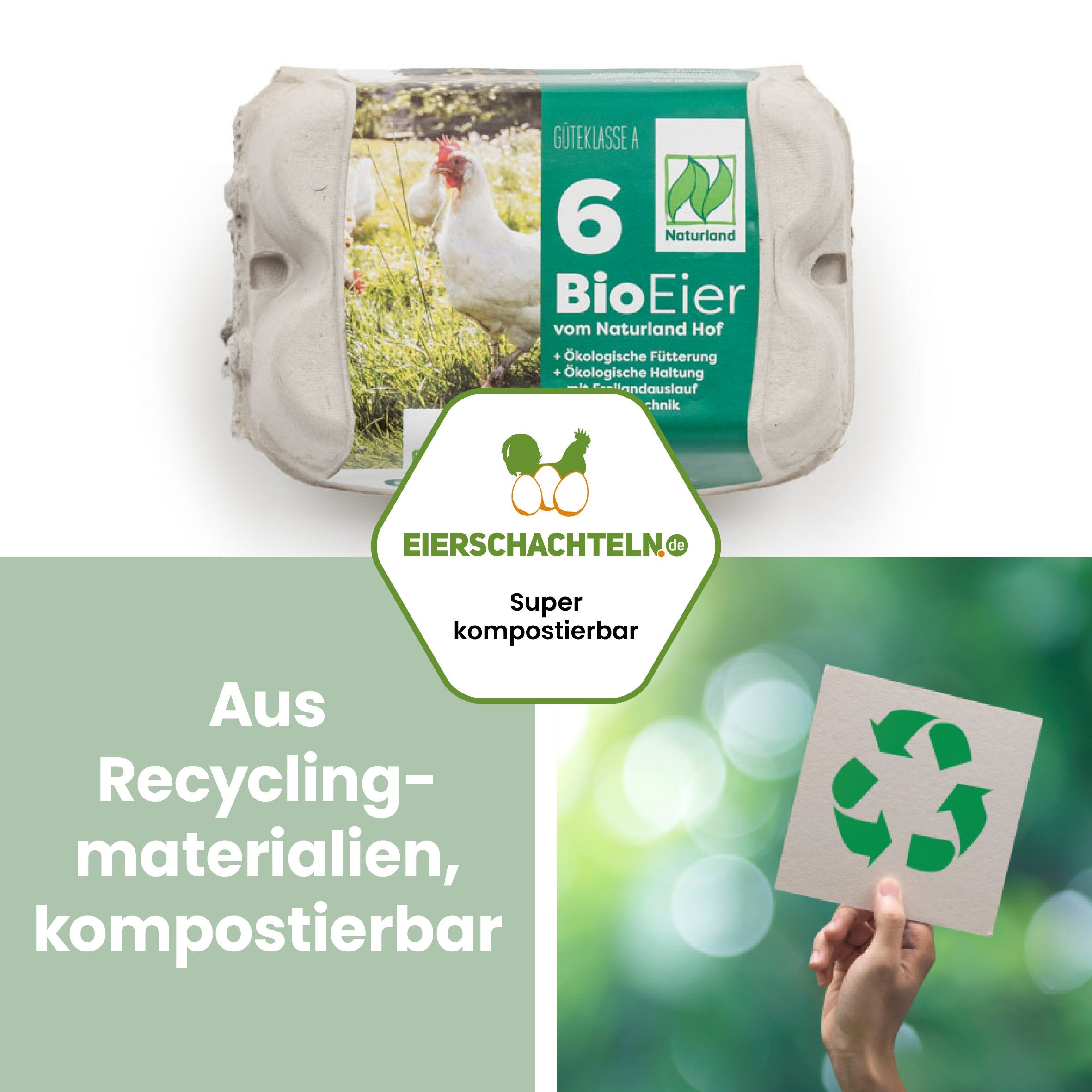 6er Compac Eierschachteln mit Etikett Naturland "Aus Recyclingmaterialien, kompostierbar"
