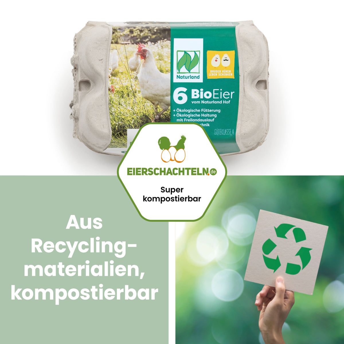 6er ComPac Eierschachteln mit Etikett Naturland Vorteilspaket "Aus Recyclingmaterialien, kompostierbar"