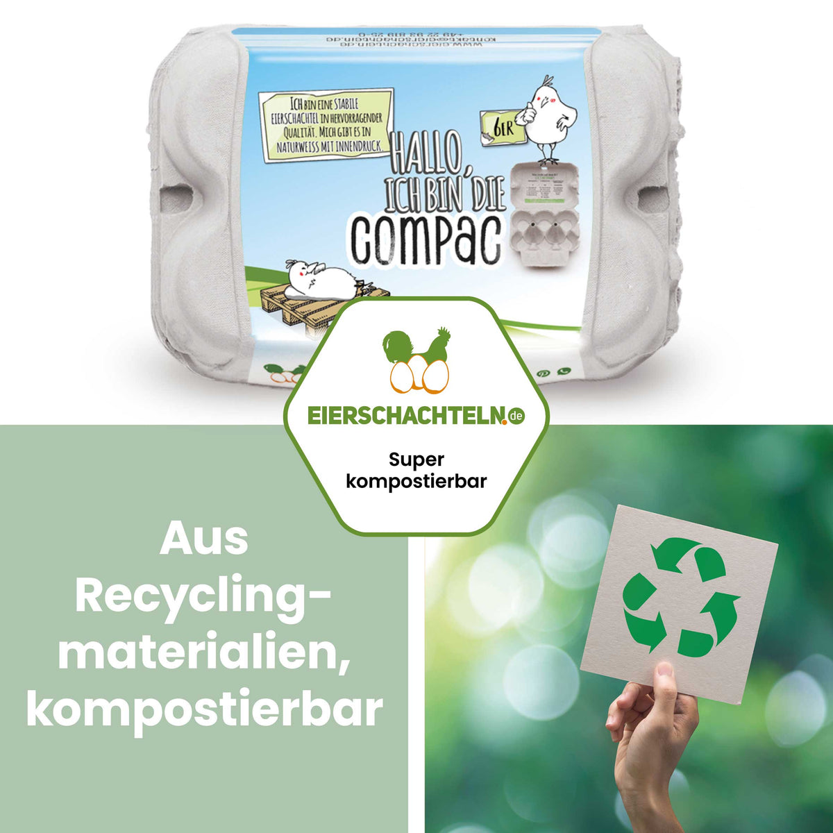 ComPac 6er Eierschachteln mit Etikett, Innendruck &amp; Etikettengestaltung "Aus Recyclingmaterialien, kompostierbar"