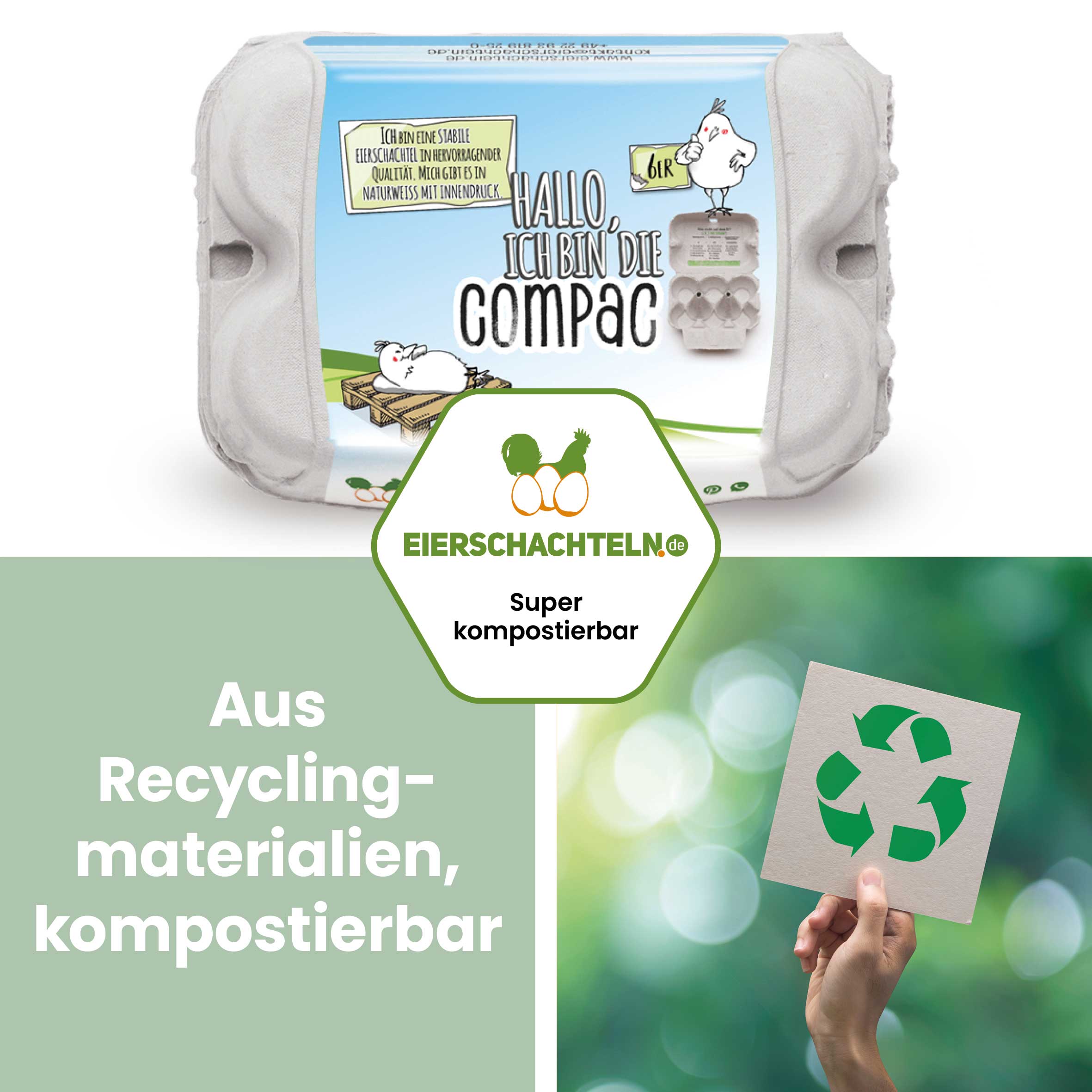 ComPac 6er Eierschachteln mit Etikett, Innendruck &amp; Etikettengestaltung "Aus Recyclingmaterialien, kompostierbar"
