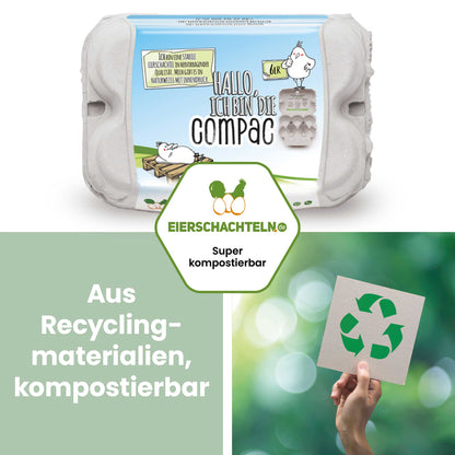 ComPac 6er Eierschachteln mit Etikett, Innendruck &amp; Etikettengestaltung "Aus Recyclingmaterialien, kompostierbar"