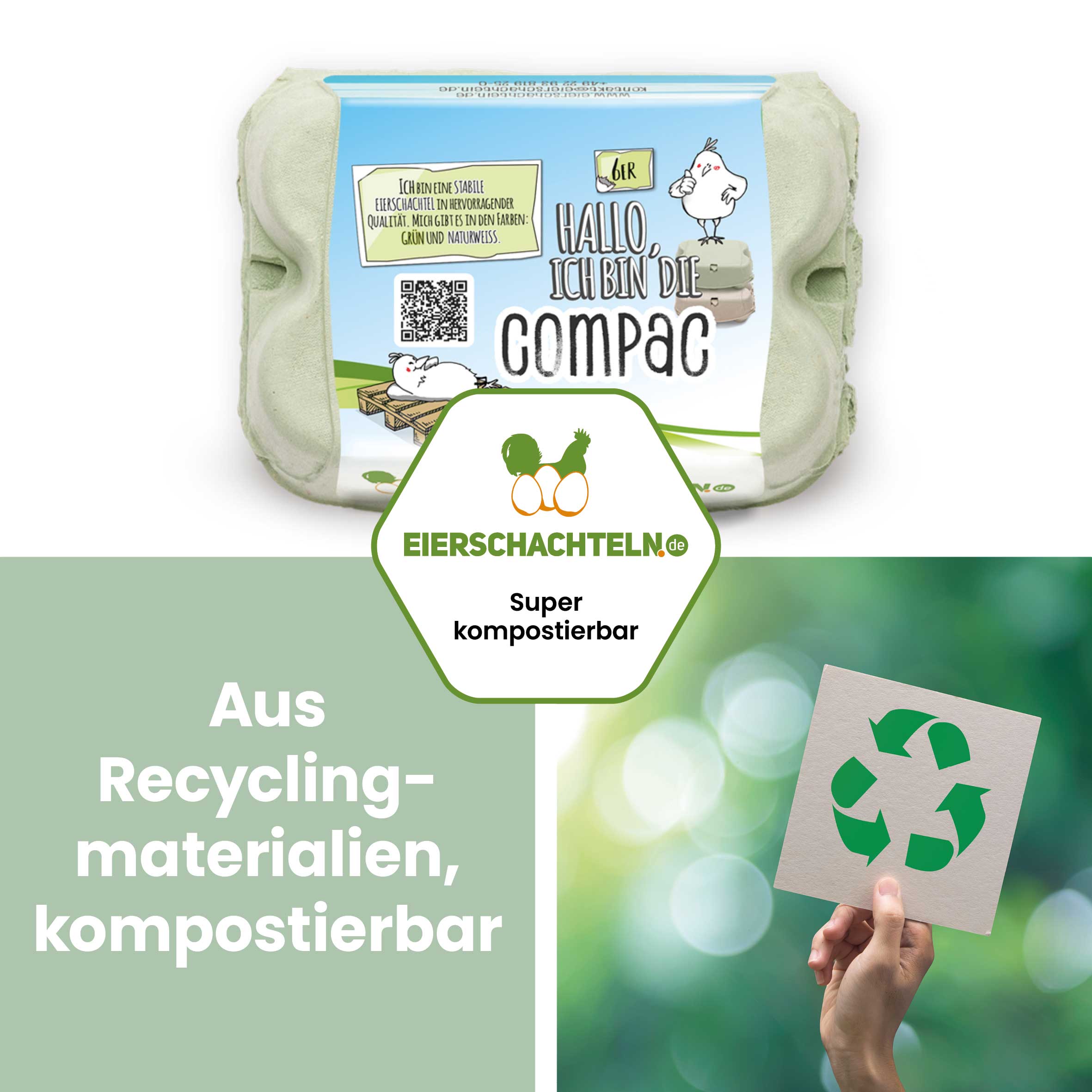 ComPac 6er Eierschachteln - mit deinem Etikett gratis Etikettengestaltung, grün "Aus Recyclingmaterialien, kompostierbar"