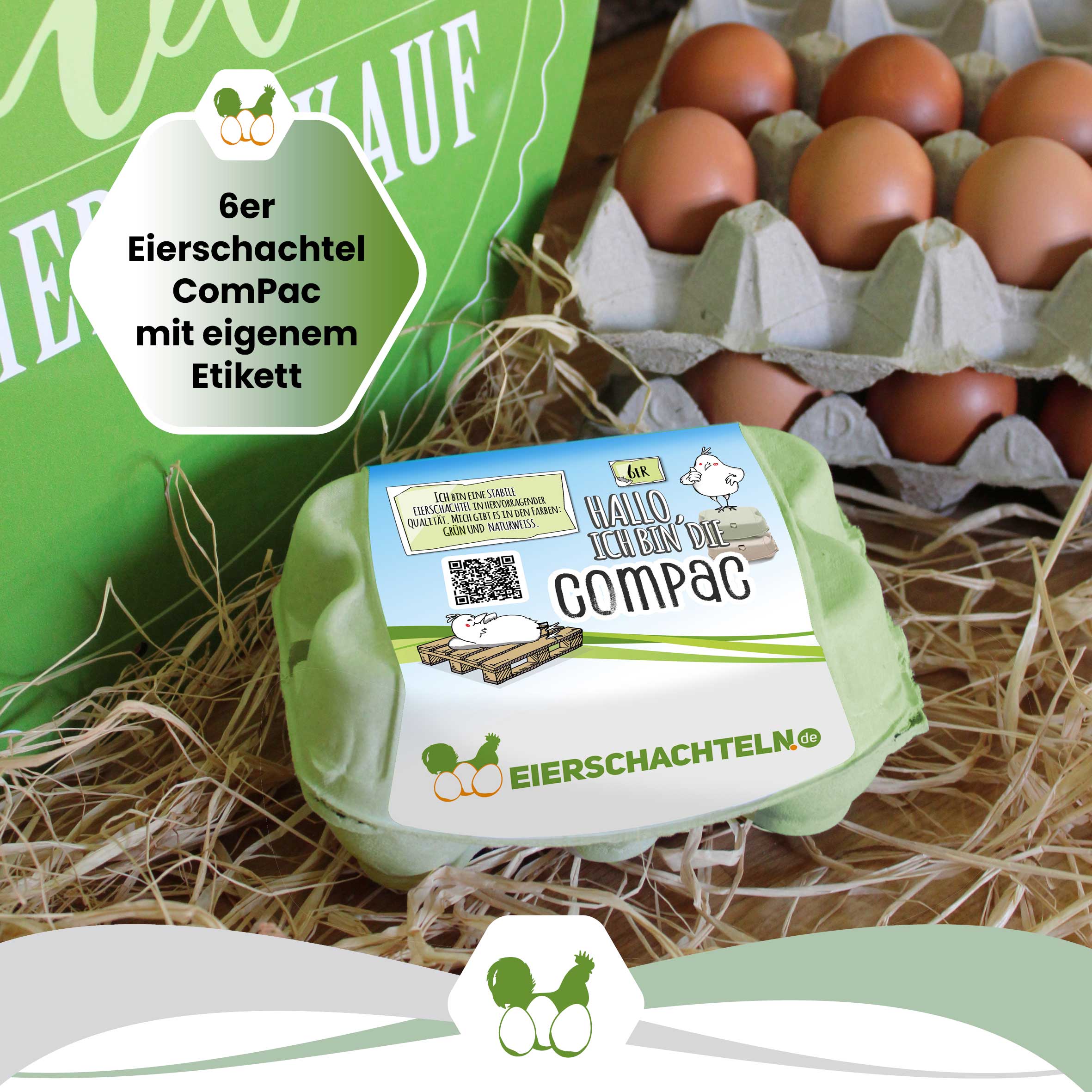 ComPac 6er Eierschachteln - mit deinem Etikett gratis Etikettengestaltung, grün "6er Eierschachtel ComPac mit eigenem Etikett"