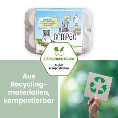 ComPac 6er Eierschachteln - mit deinem Etikett gratis Etikettengestaltung, naturweiß "Aus Recyclingmaterialien, kompostierbar"