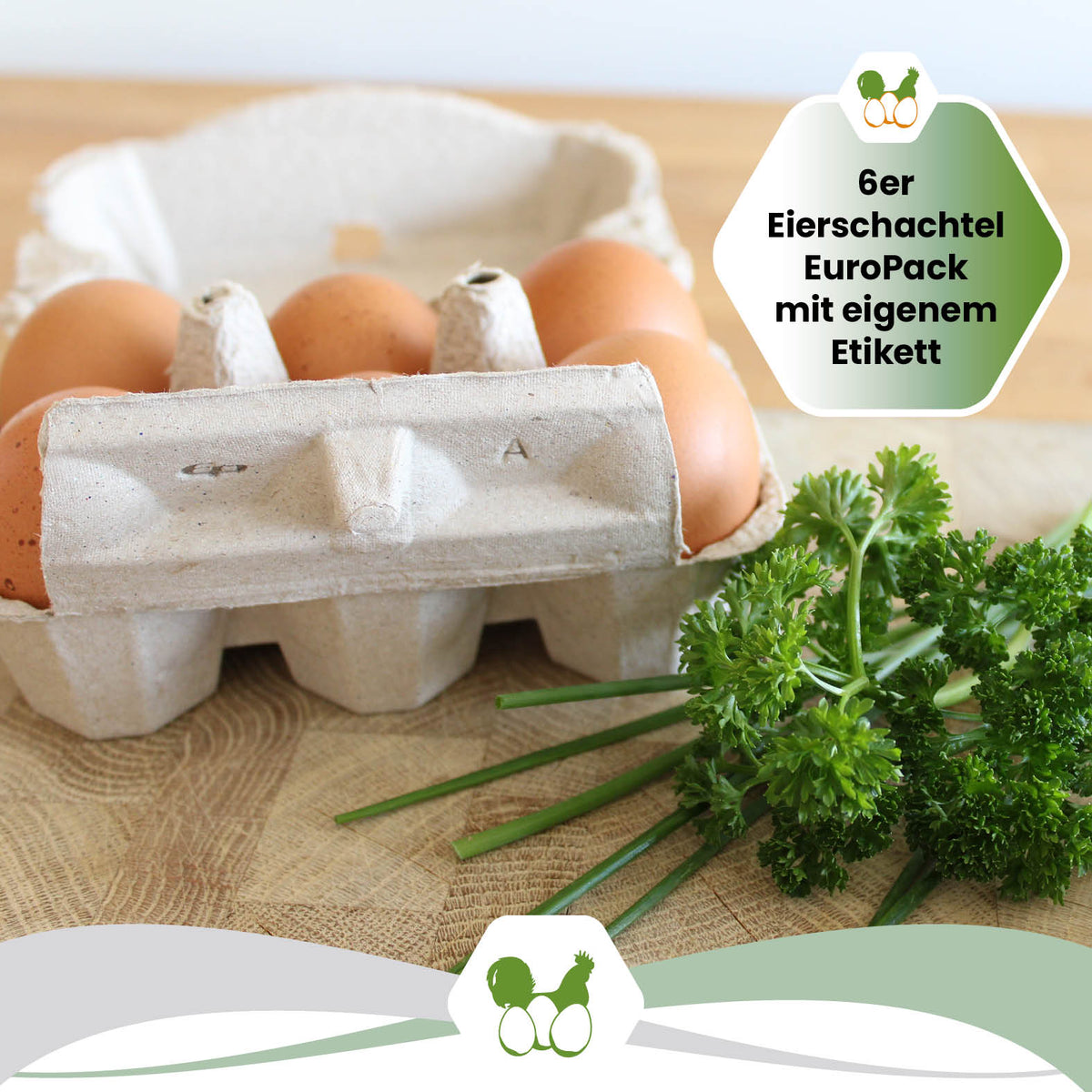 6er EuroPack mit Etikett inklusive Etikettengestaltung "6er Eierschachtel EuroPack mit eigenem Etikett"