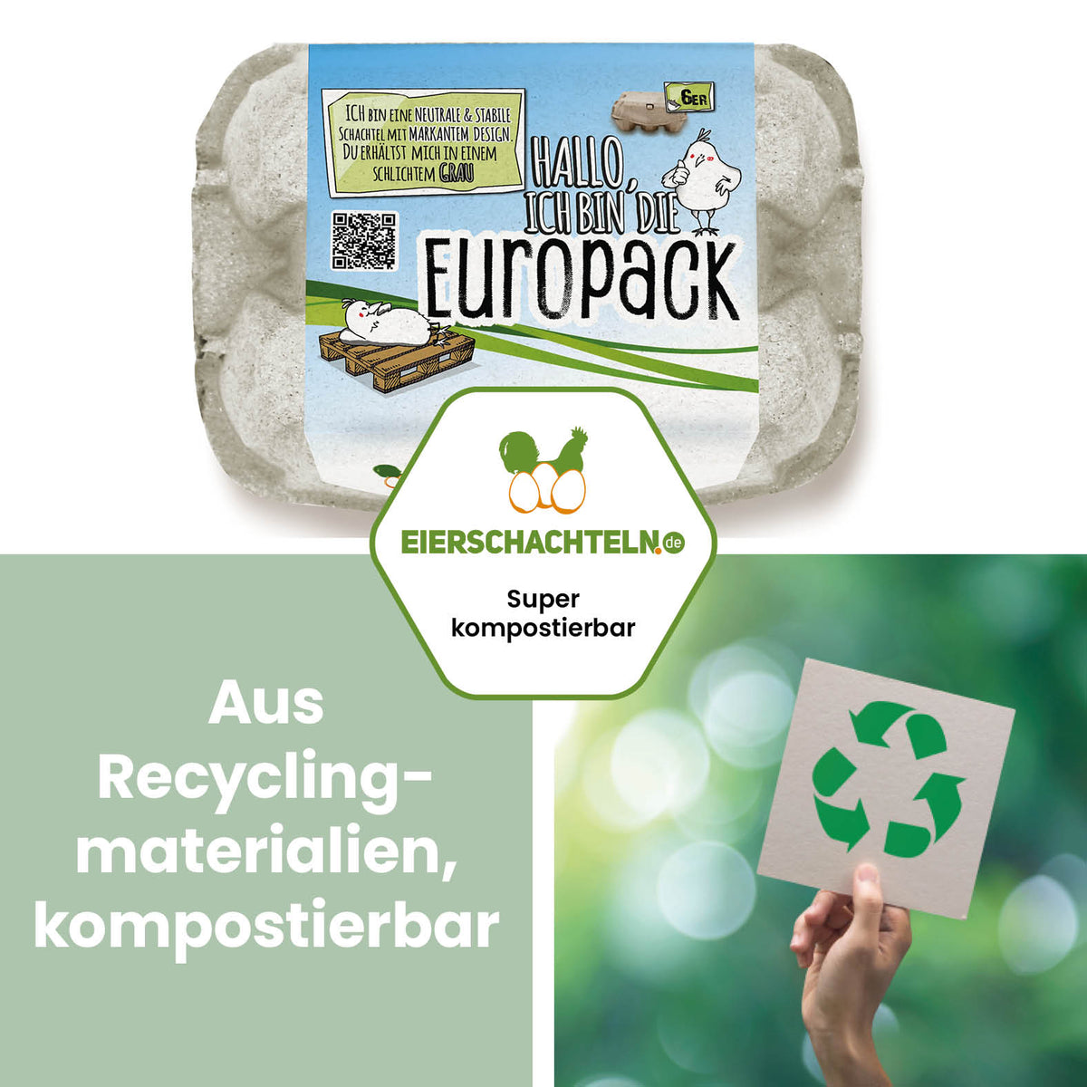 6er EuroPack mit Etikett inklusive Etikettengestaltung "Aus Recyclingmaterialien, kompostierbar"