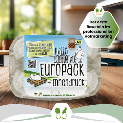 6er EuroPack (Palette) mit Etikett, Etikettengestaltung + Innendruck "Der erste Baustein im professionellen Hofmarketing" 