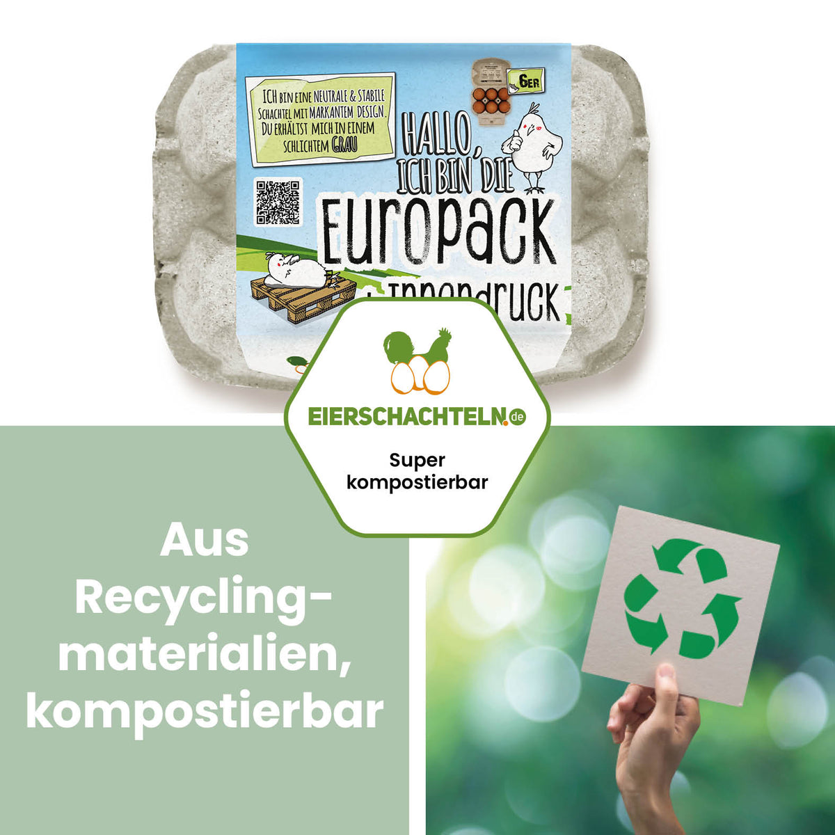 6er EuroPack (Palette) mit Etikett, Etikettengestaltung + Innendruck "Aus Recyclingmaterialien, kompostierbar" 
