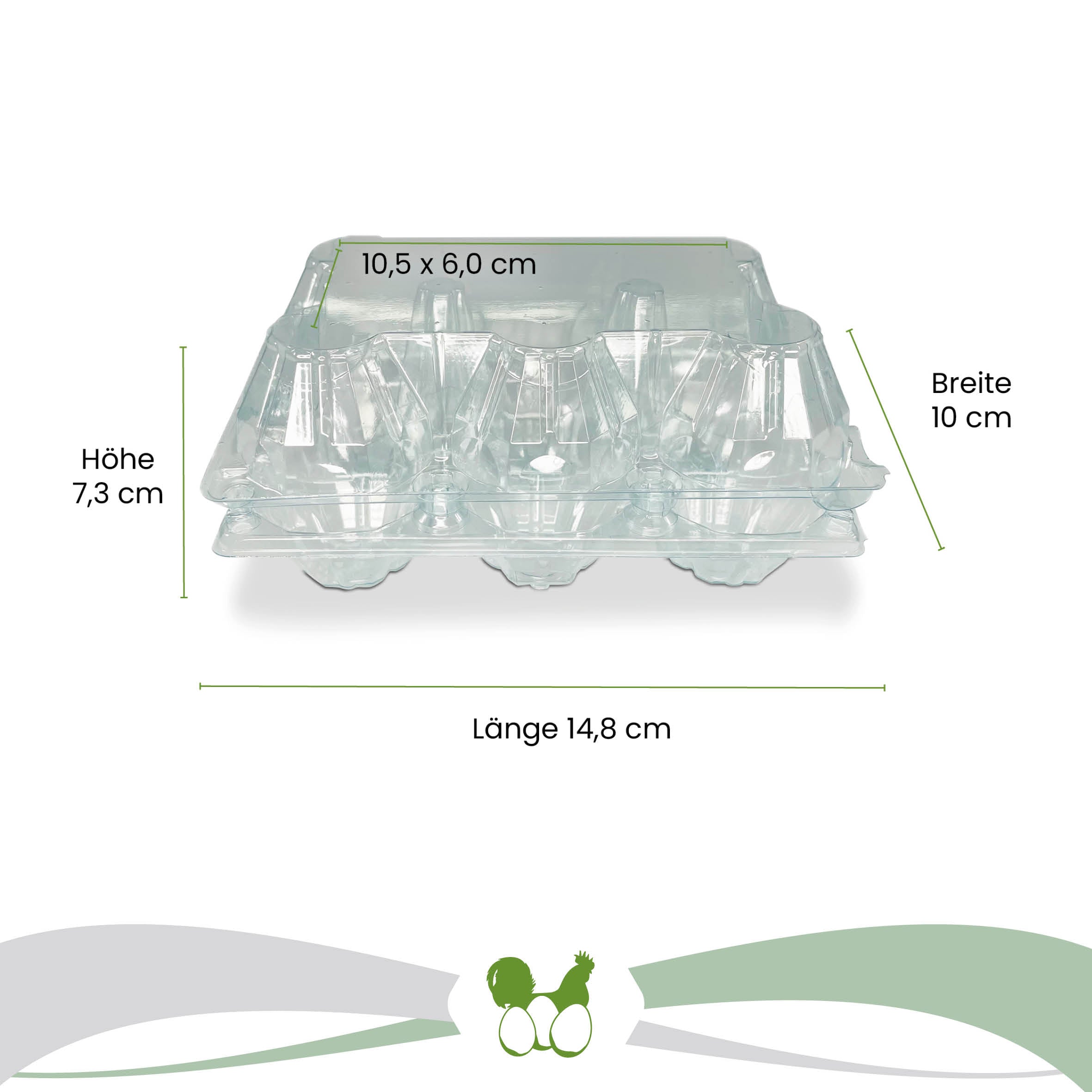 6er PET Eierverpackungen, transparent Maße: "Länge 14,8 cm, Breite 10 cm, Höhe, Deckel: 10,5 x 6,0 cm"