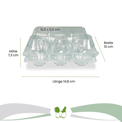 6er PET Eierverpackungen, transparent Maße: "Länge 14,8 cm, Breite 10 cm, Höhe, Deckel: 10,5 x 6,0 cm"