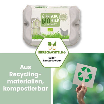 ComPac 6er Eierschachteln mit Bio-Mobilstall-Etikett "Aus Recyclingmaterialien, komüostierbar"