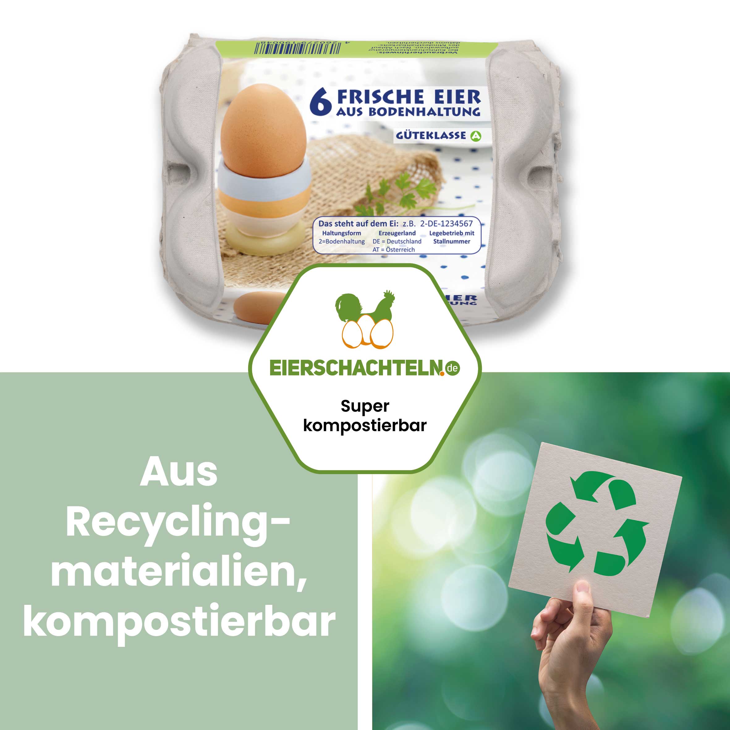 6er Eierschachteln ComPac Bodenhaltung "Aus Recyclingmaterialien, kompostierbar"