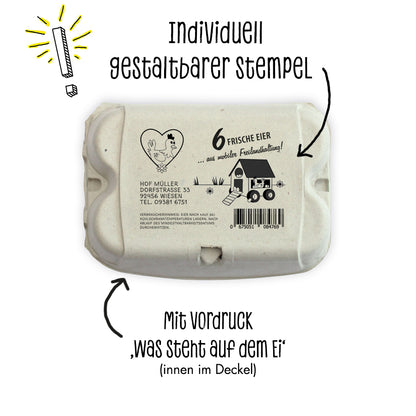 Stempel für Eierschachteln, 6er ComPac und EcoPack "Individuell gestaltbarer Stempel, mit Vordruck Was steht auf dem Ei"